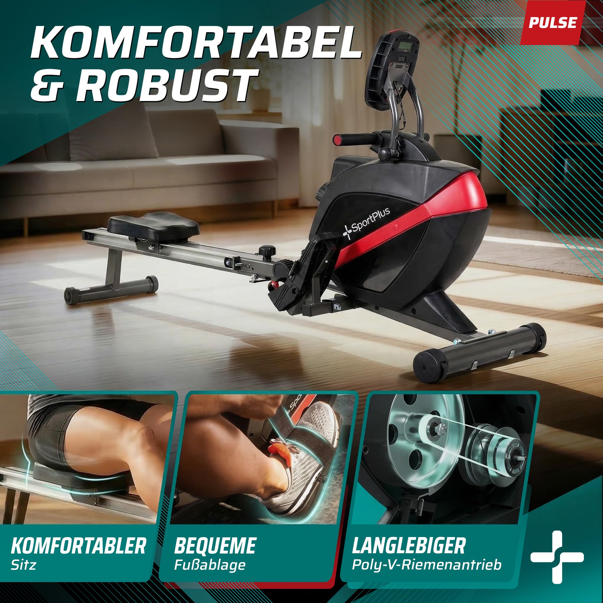 SportPlus Rudergerät für zuhause, klappbar, leise Magnetbremse, inkl. Trainingscomputer, Heimtrainer, Fitnessgerät für zuhause, Indoor Rudermaschine Fitness, optional App-kompatibel
