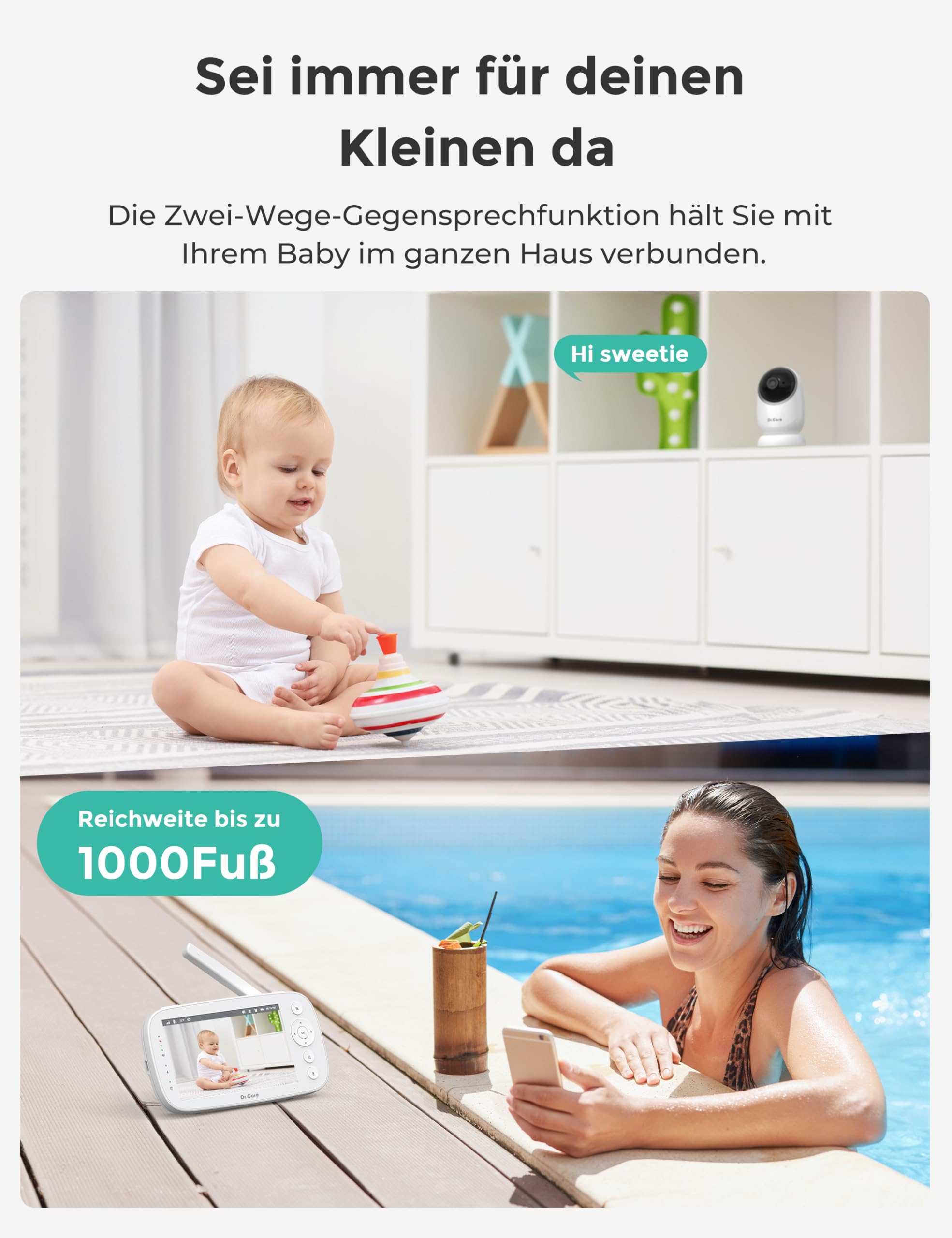 Dr.Care NovaView Pro Babyphone ohne WLAN mit Bewegungsmelder 5 Zoll 1080P Display 5000mAh Akku klare Nachtsicht Echtzeit VOX 2x/4x Zoom 300 m Reichweite 2-Wege-Audio Schwenk- und neigbare Kamera