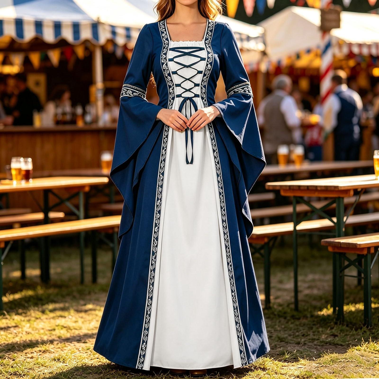 Damen Trachtenkleid Dirndlkleid Midi mit Dirndlschürze Trachtenmode Oktoberfest Outfit Mittelalterliches Kleid im gotischen Hofstil Schnürärmelkleid Oktoberfest Costume