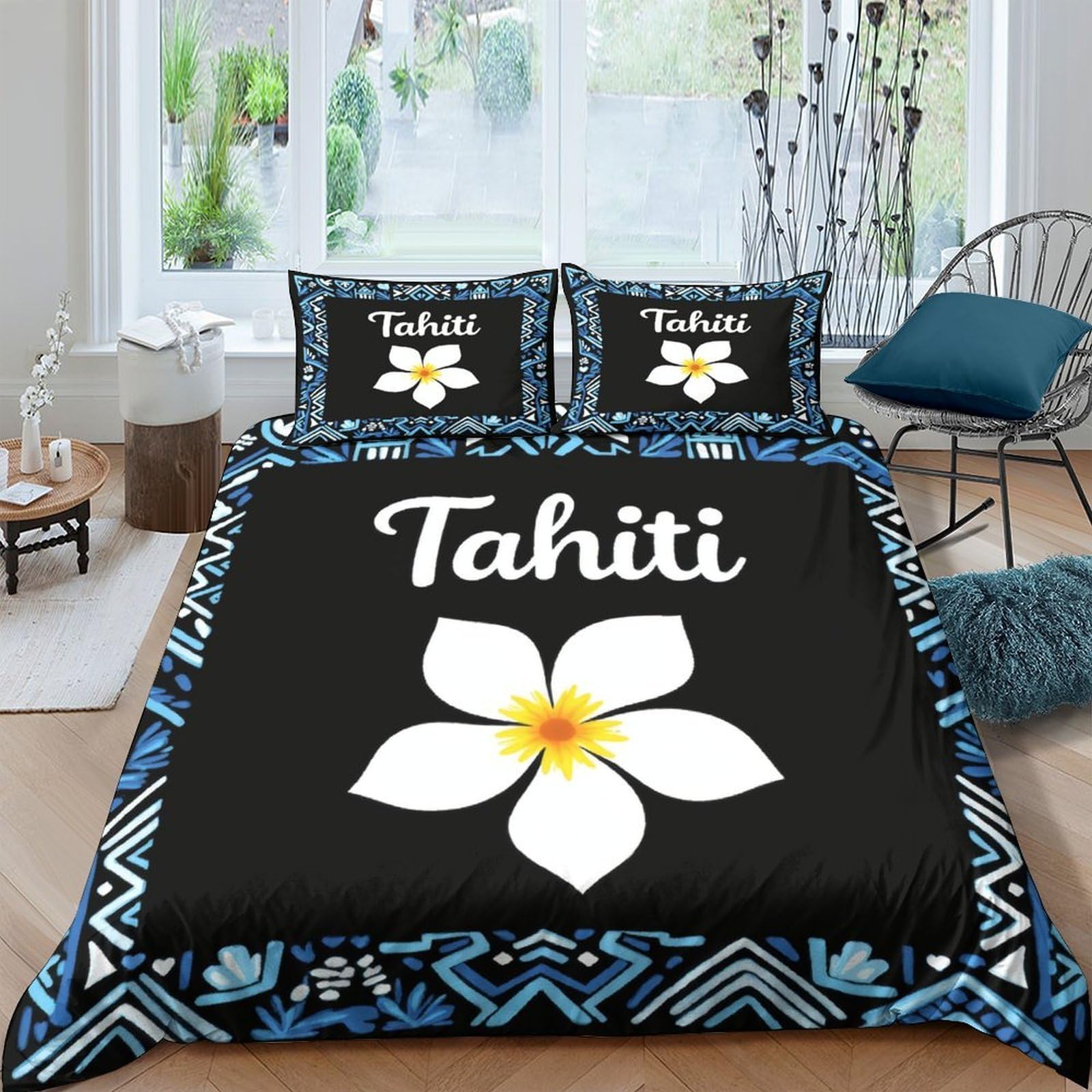 Ctjqhvkz Style-2 3D Printed Tahiti Plumeria Fitted Sheet Microfiber Black Blue Floral Bed Cover For Bedroom Living Room Easy Care Single（135X200cm）