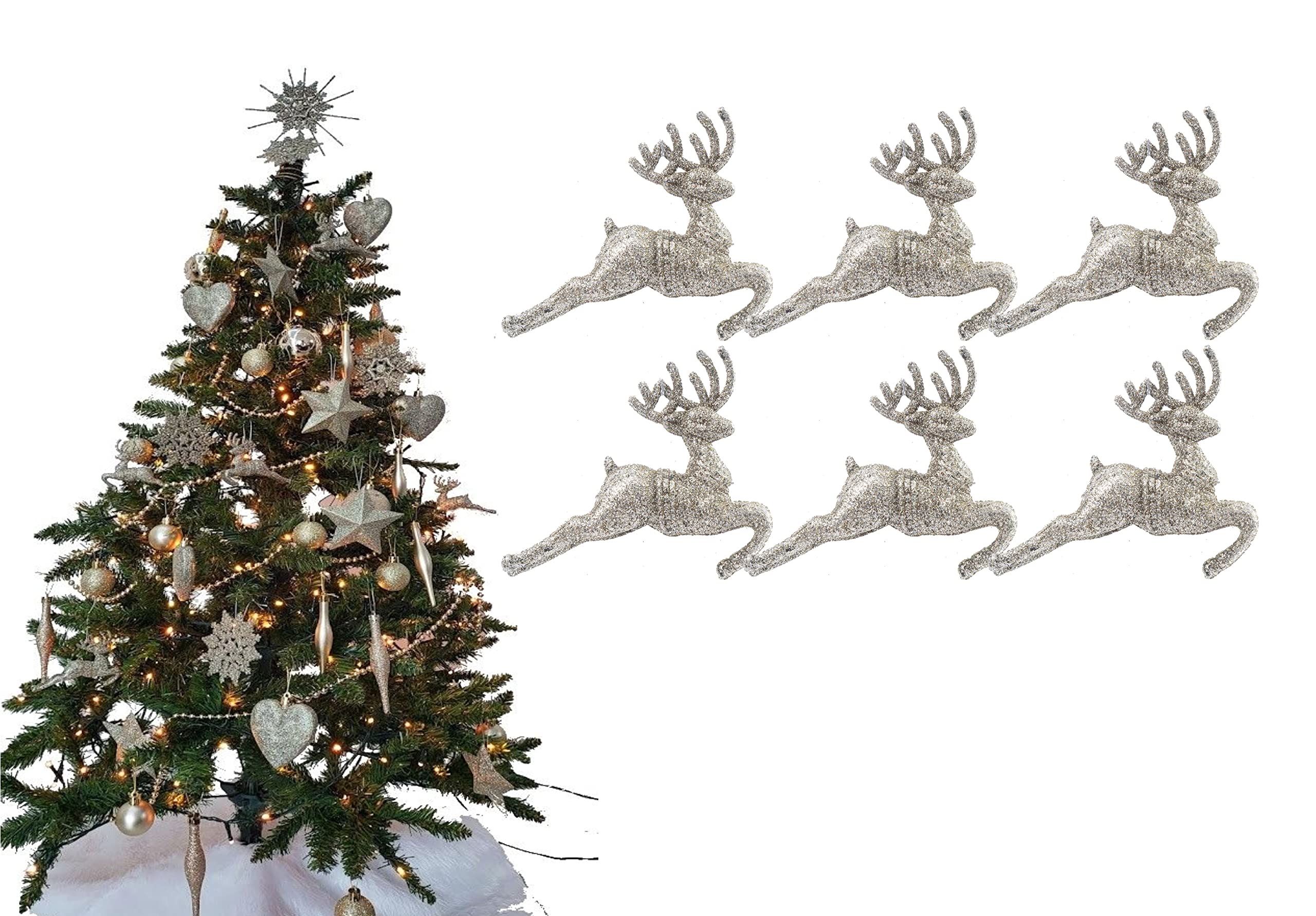 Simply Products Champagne (Gold) Pack Of - Hanging Glitter Reindeer Christmas Tree Decorations - 2.2Cm X 9.5Cm (Champagne (Gold)) Size 6