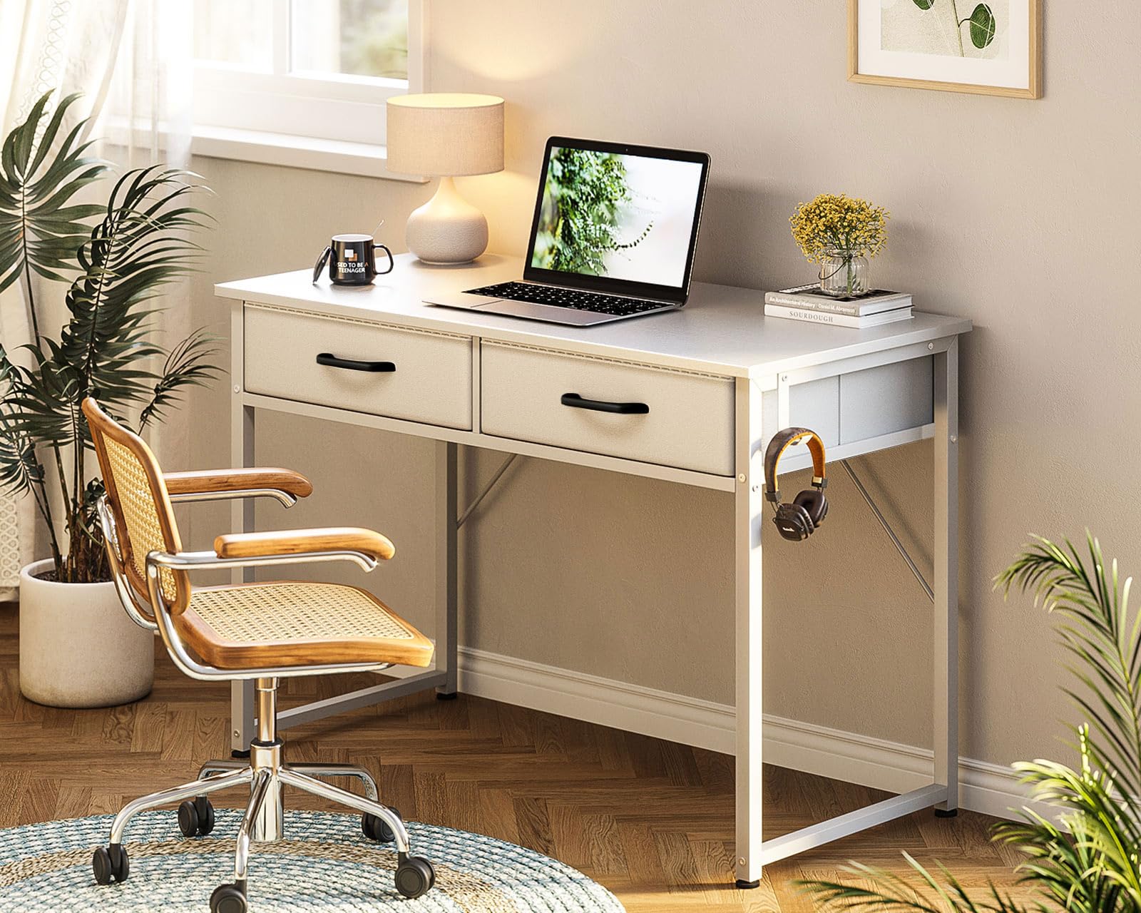 ODK Schreibtisch mit 2 Schubladen, 100 × 40 cm, Kopfhörerhalter, Weiß | Computertisch mit Stauraum, 2 Schubladen aus Stoff und Kopfhörerhalter, Bürotisch und PC Tisch für kleine Räume