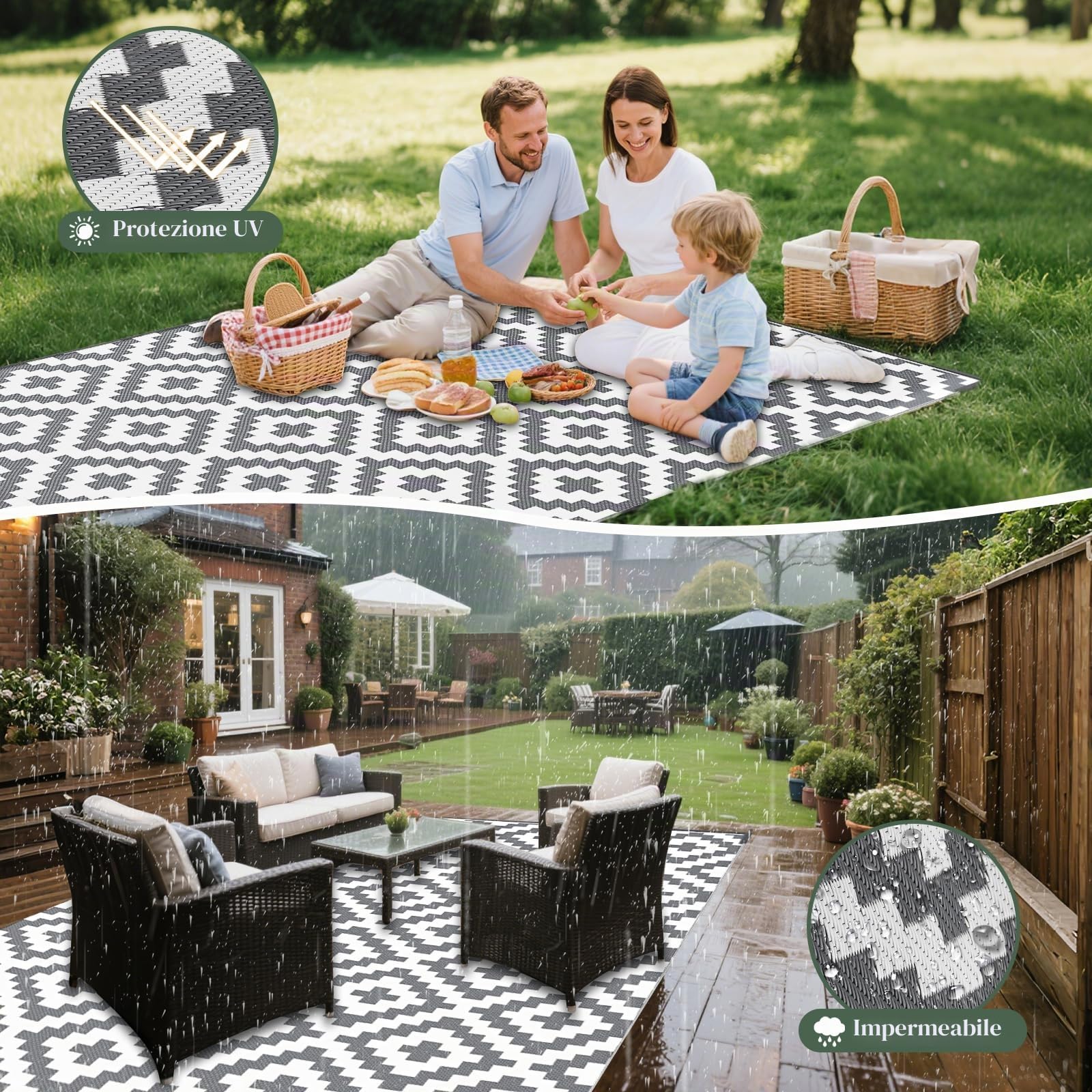 Mokani Tappeto da esterno 150x240cm antiscivolo impermeabile UV resistente plastica giardino patio spiaggia