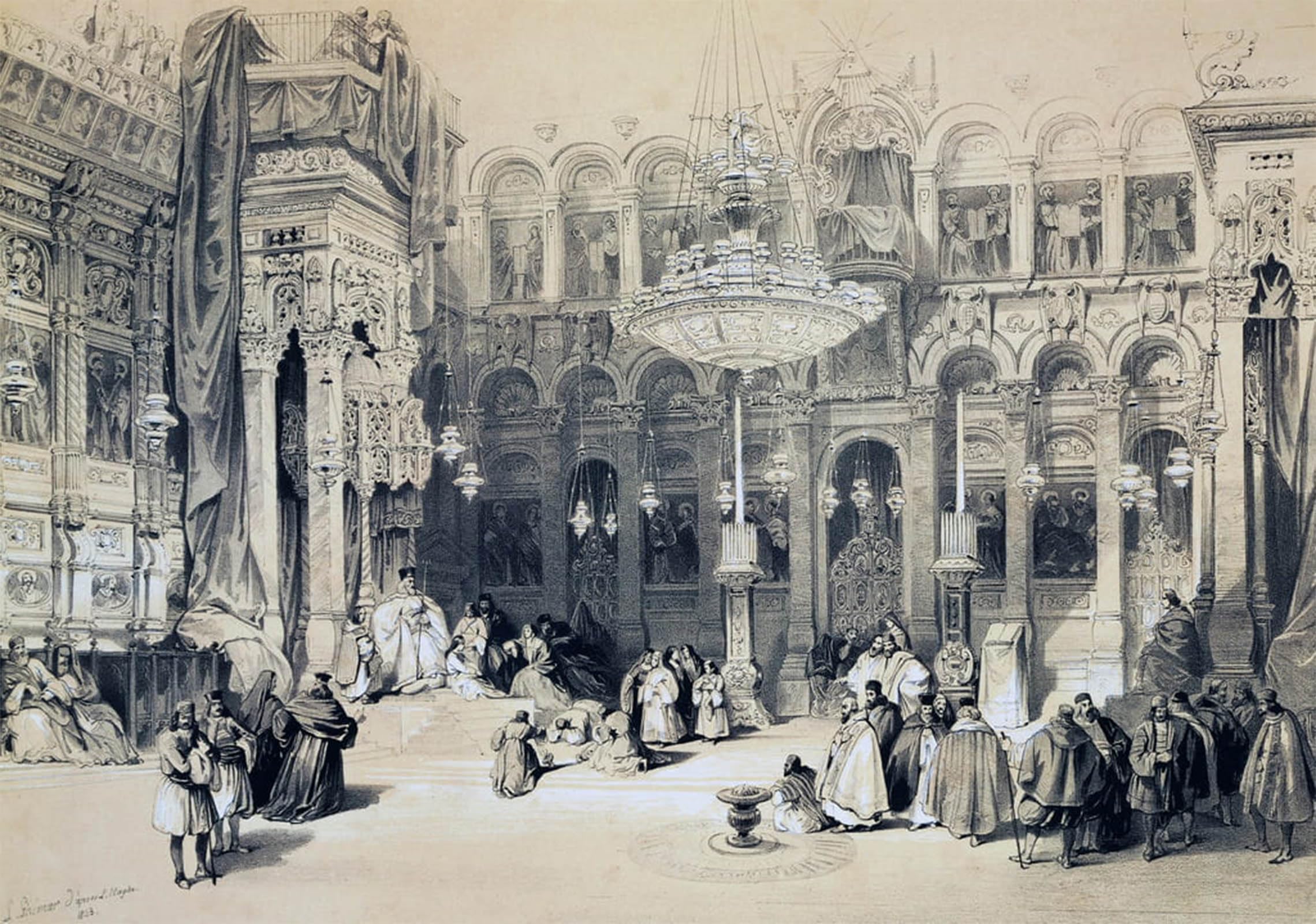 POSTERIIk Vintage Classic Picture Landscape Artwork Interior of Church of Holy Sepulchre Jerusalem by David Roberts Portrait Canvas Painting for Office Home Decor 60x90cm