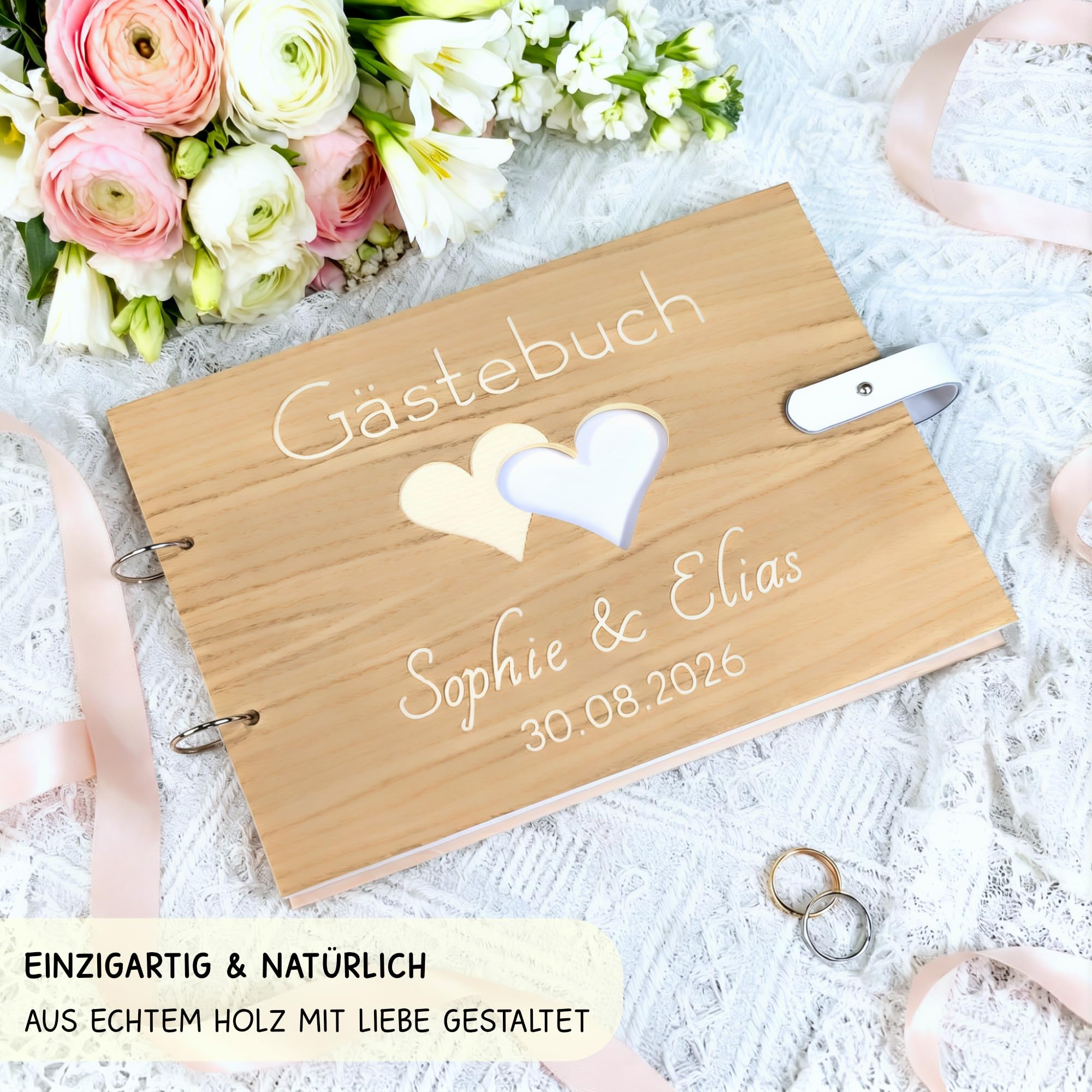 Großes Hochzeitsgästebuch aus Holz mit personalisierter Gravur & Lederverschluss - Edles DIN A4 Hochzeitsbuch mit 100 Seiten | handgearbeitet mit Lederverschluss