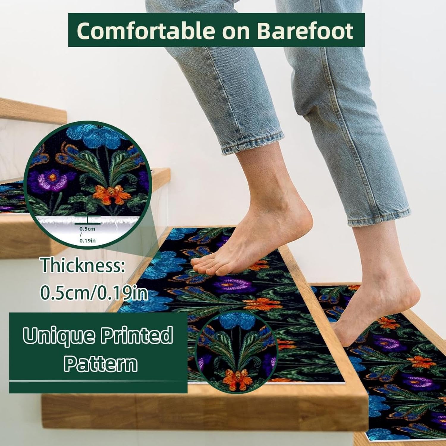 15 Pack Stair Treads for Wooden Steps, Motifs African Boho Paisley Floral (44) Staircase Step Treads Carpet Mat, Stair Mats for Pets Dogs Elders 8x30In
