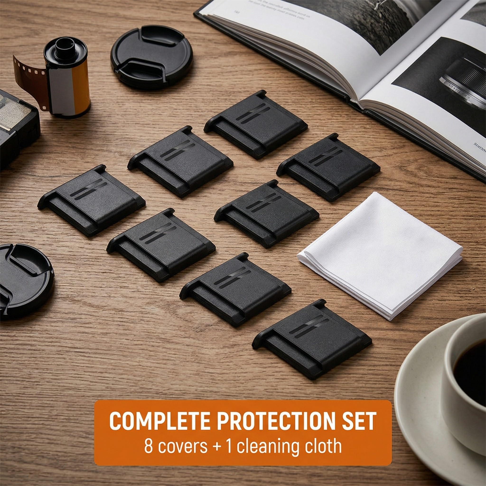 Coperchi Slitta Flash – Protezione Antipolvere & Antigraffio per Fotocamere DSLR/Mirrorless, 8 Pezzi Plastica ISO Universale + Panno 6x6cm.