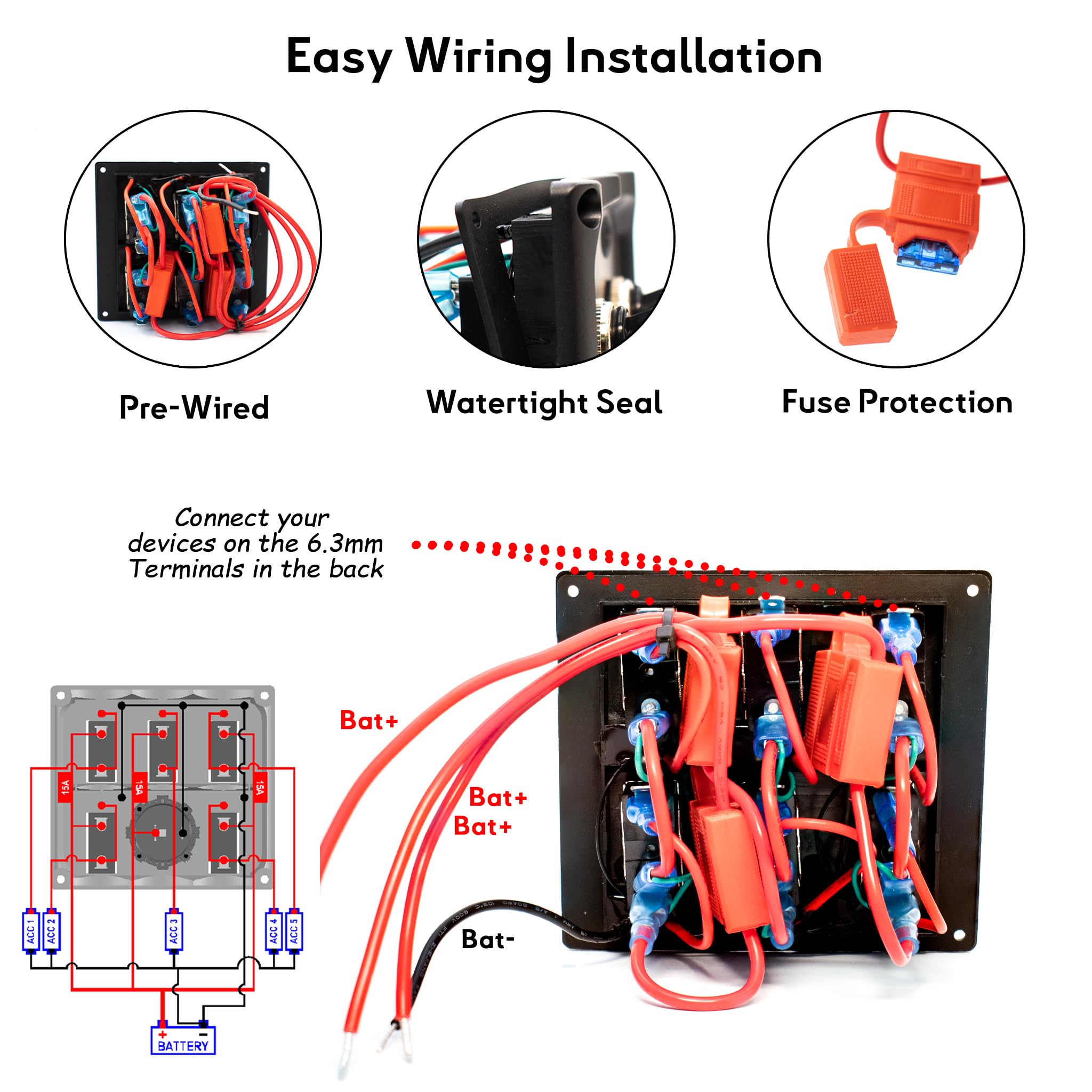 Panel de interruptor de 6 vías basculante con indicador LED impermeable IP66 12/24V Bi-color para barco, furgonetas, camping-Car (TSP6W)