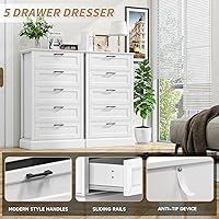 Vista 4 de Cómoda blanca con 5 cajones, almacenamiento vertical para dormitorio, cómoda alta de madera para pasillo, cómoda alta de madera con cajones