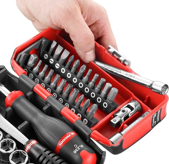 FACOM - 1/4 Inch Metric 6-Point Socket Set and Bits - Complete Tool Set - 38 Pieces with Ratchet, Sockets, Extensions, Gimbal, Handles - Storage Box 6 - R2NANO