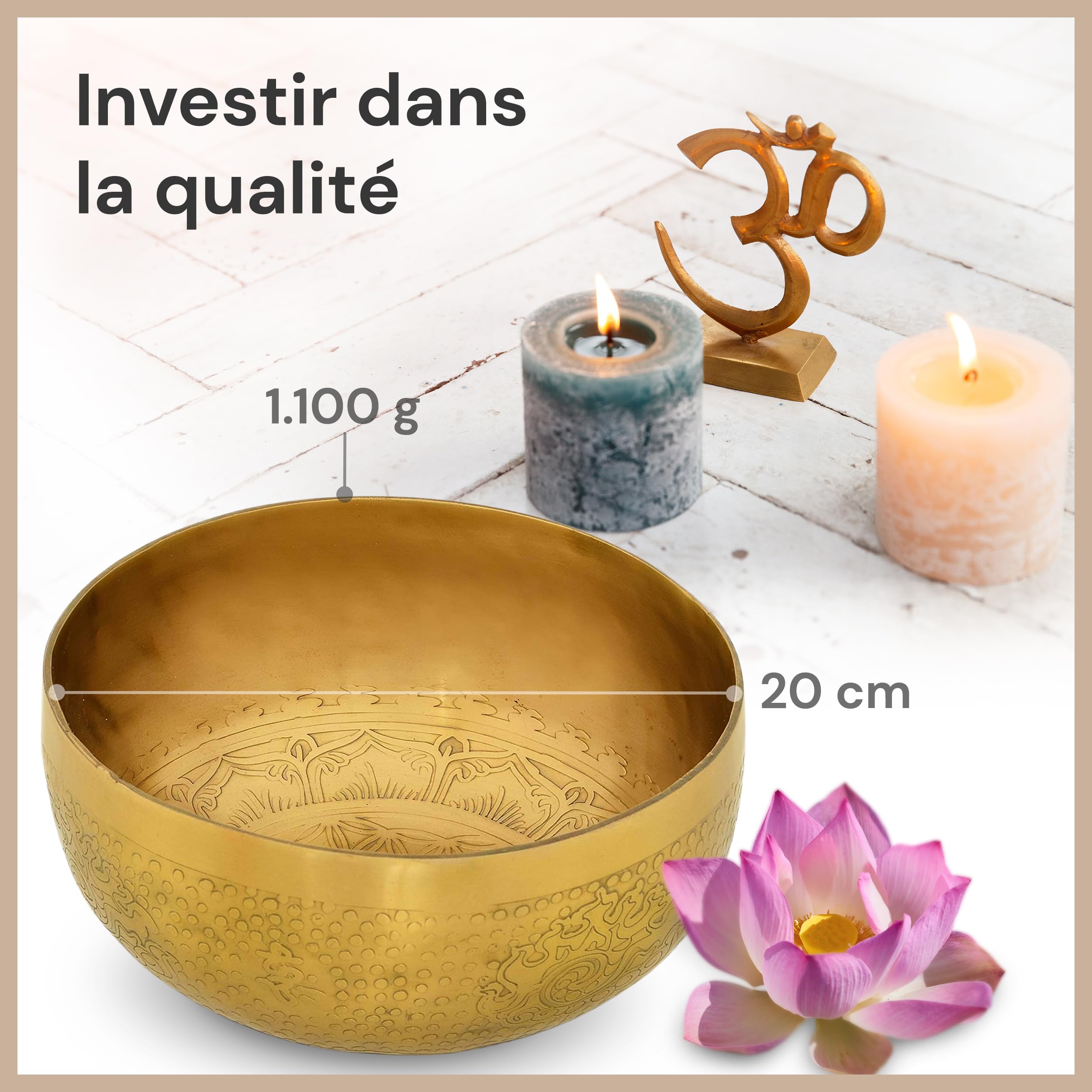 Bol chantant tibétain, motif fleur de vie, pour yoga, méditation et détente, diamètre : 20 cm, 1100 g, surface mate, fait à la main traditionnel, de qualité professionnelle