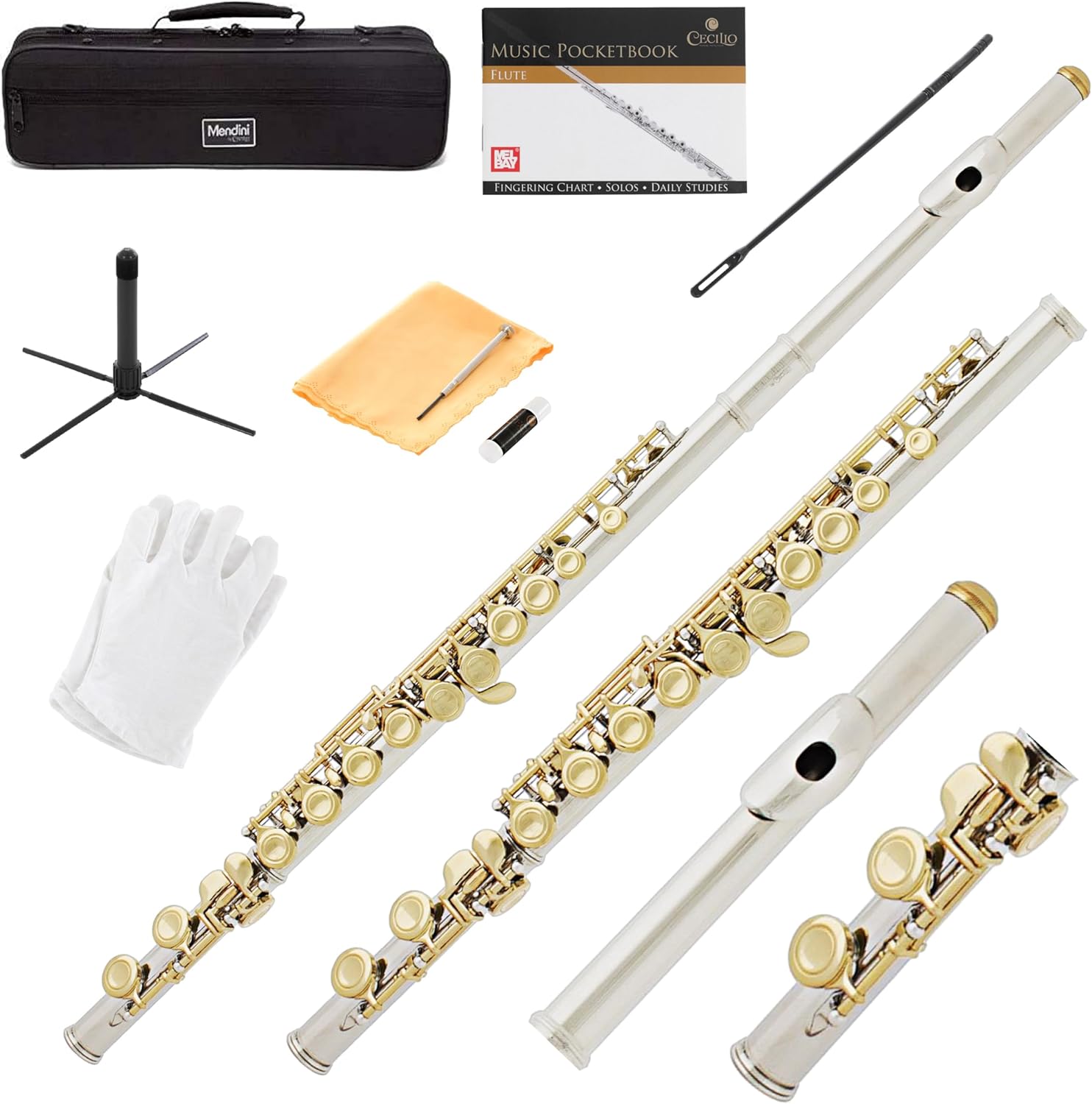 Mendini By Cecilio Flute, 16 Keys Closed Hole C Flute Instrument For Beginners with Carrying Case, Cork Grease, Stand, Lesson Book, Cleaning Kit, Gloves (Gold)