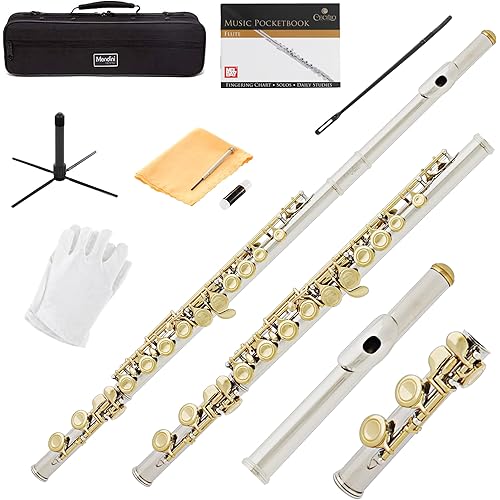 Mendini By Cecilio Flute, 16 Keys Closed Hole C Flute Instrument For Beginners with Carrying Case, Cork Grease, Stand, Lesson Book, Cleaning Kit, Gloves (Gold)