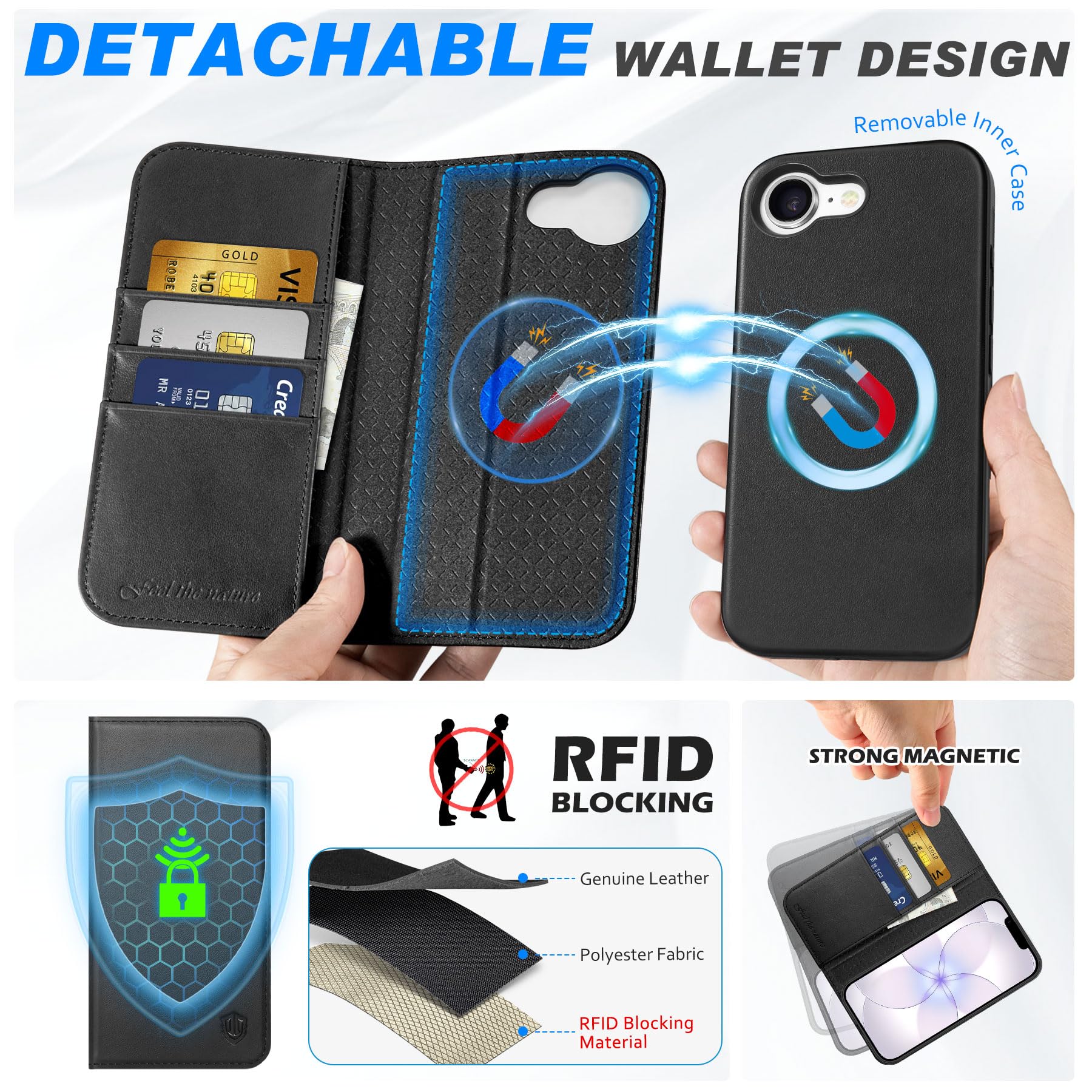 SHIELDON Cover in Vera Pelle per iPhone 16e/17e 6,1" 5G 2026, Nero | Blocco RFID, Portafoglio Magnetico 2 in 1, Ricarica Wireless, Cavalletto, Flip Rimovibile, Porta Carte, Custodia a Libro