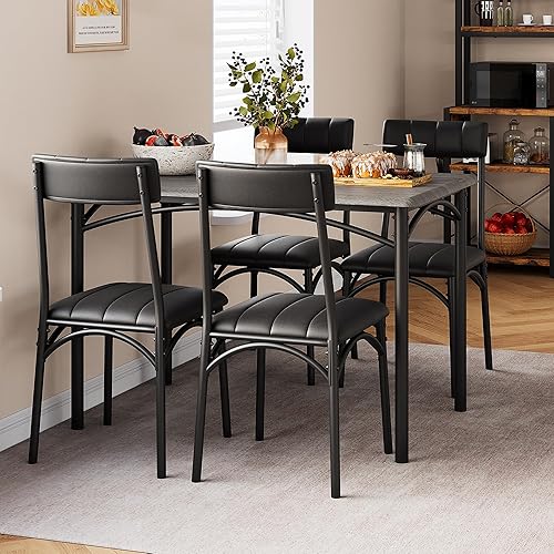 GAOMON Juego de mesa de comedor de 5 piezas para 4, mesa de cocina y sillas rectangulares, de metal y madera, juego de muebles de mesa de comedor