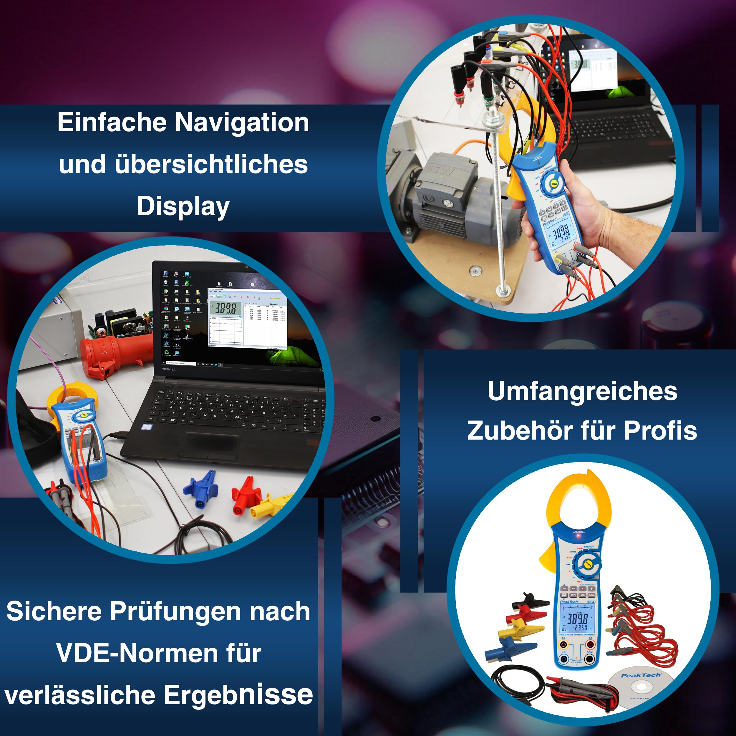 Peaktech P 1660 – Pinza Amperometrica Efficiente con USB, 1000A Ca, 9999 Conteggi, Multimetro Digitale per Kw, kWh, Kva, Tüv/Gs, Pinza Amperometrica, Voltmetro senza Contatto, Tester di Continuità