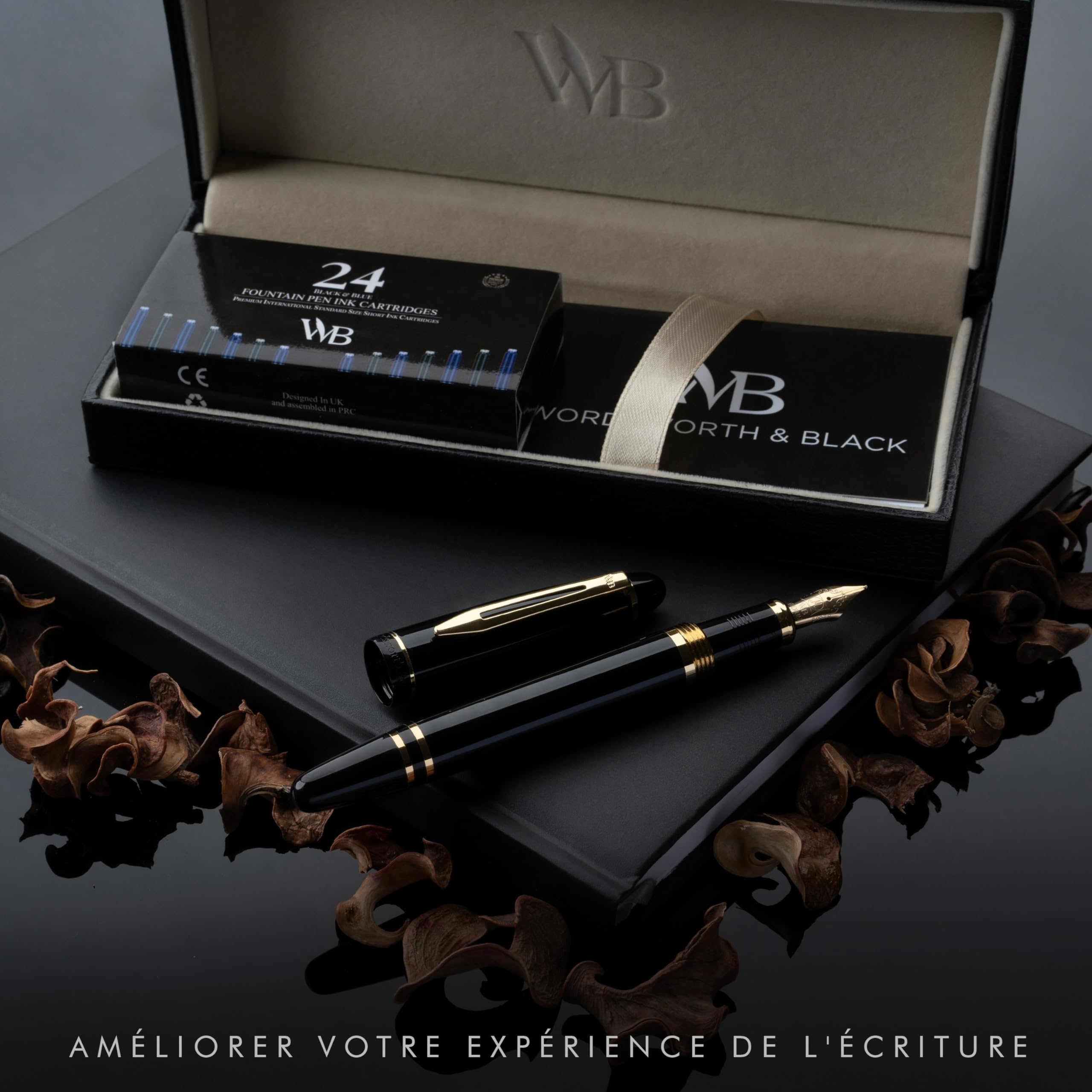 Wordsworth & Black Stylo plume Majesti (Or Noir), étui de luxe, finition chromée, 24 cartouches d'encre Iridium pointe moyenne, kit-cadeau Stylo plume rechargeable pour hommes et femmes