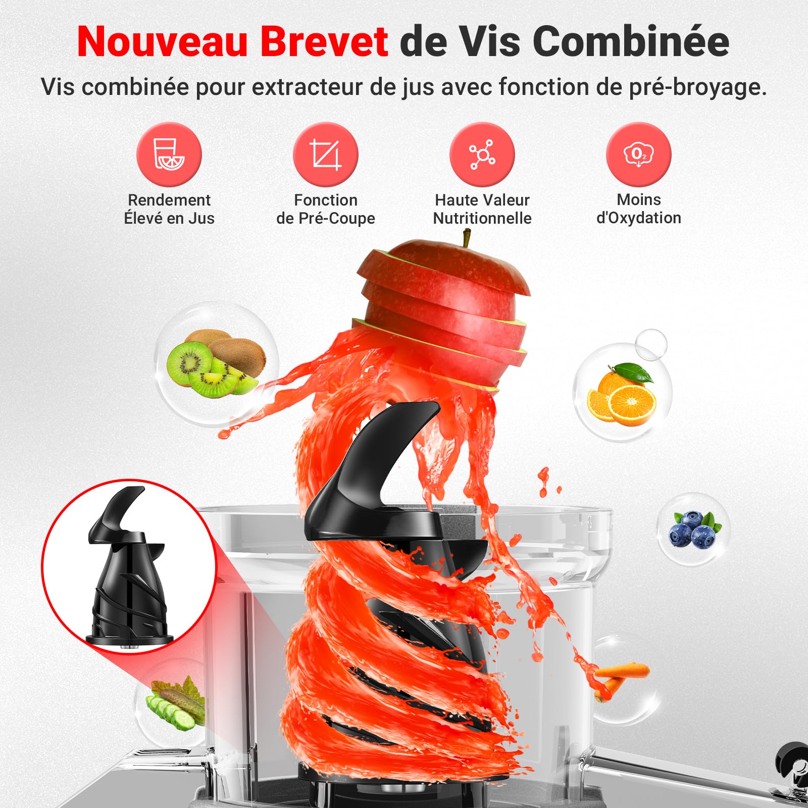 Slow Juicer-AOBOSI Extracteur de jus, 250 W, pour légumes et fruits, avec compartiment de remplissage de 103 mm et 2 filtres sans métal, presse-agrumes, électrique, avec 2 brevets, noir