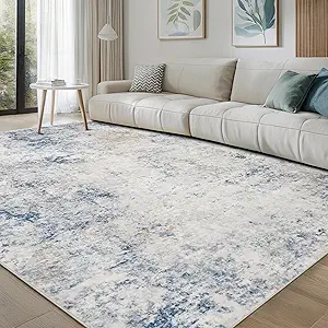 Washable Rugs 8x10 Area Rugs for Living Room,Modern Abstract Rugs for Bedroom,Large Carpets,Ultra Soft Faux Wool Retro Dining Room Rug,Non Slip&Non-Shedding Low Pile Print Rug- Blue Beige