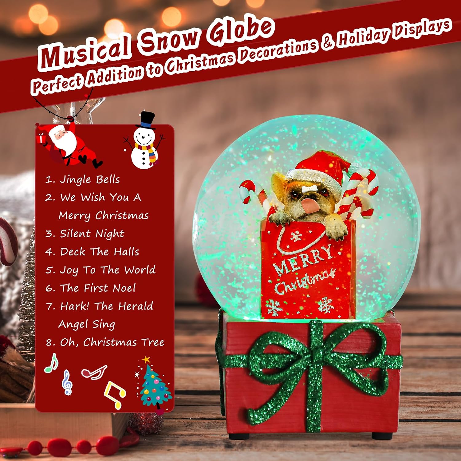 VCUTEKA Snow Globe, Christmas Snow Globe Color Changing Battery Operated Lighted Musical Snow Globes for Kids Gift and Home Décor, Dog
