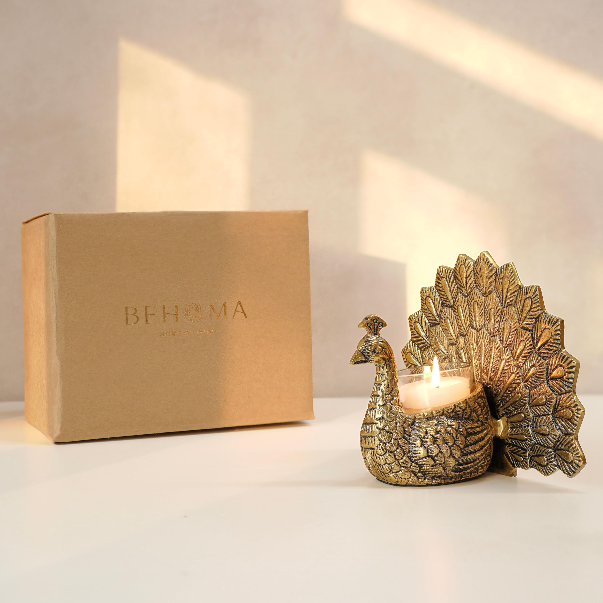 BEHOMA Metal Dancing Peacock with Scented Glass Votive Candle, Golden 3