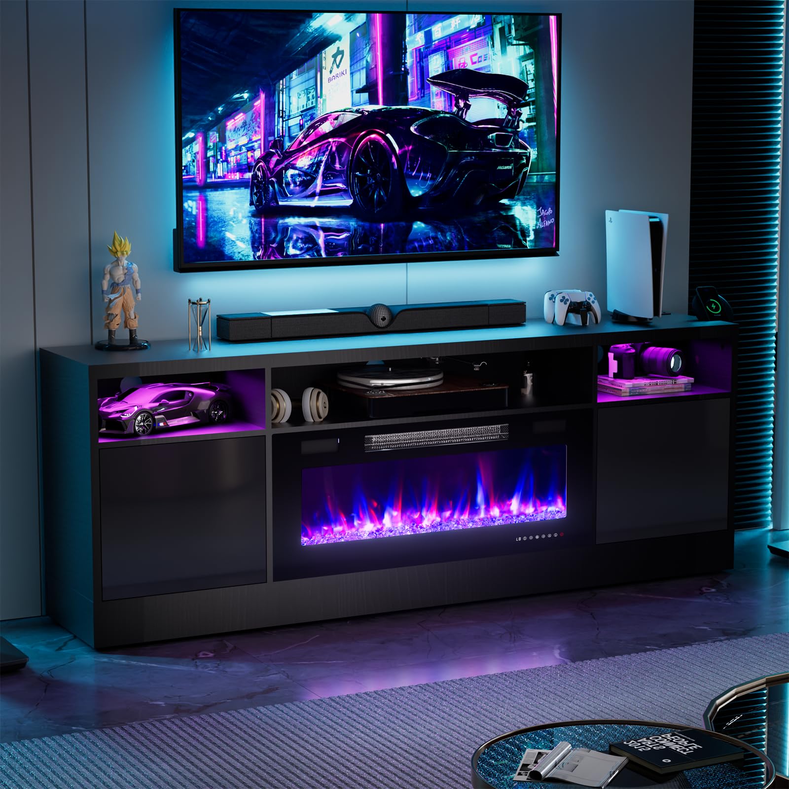 Ludatido 70 Inch TV Stand with 36 inch Electric Fireplace LED Light Entertainment Center Electric Fireplace TV Stand with USB&AC Power Interface for Living Room/Bedroom/Media Room(Black)