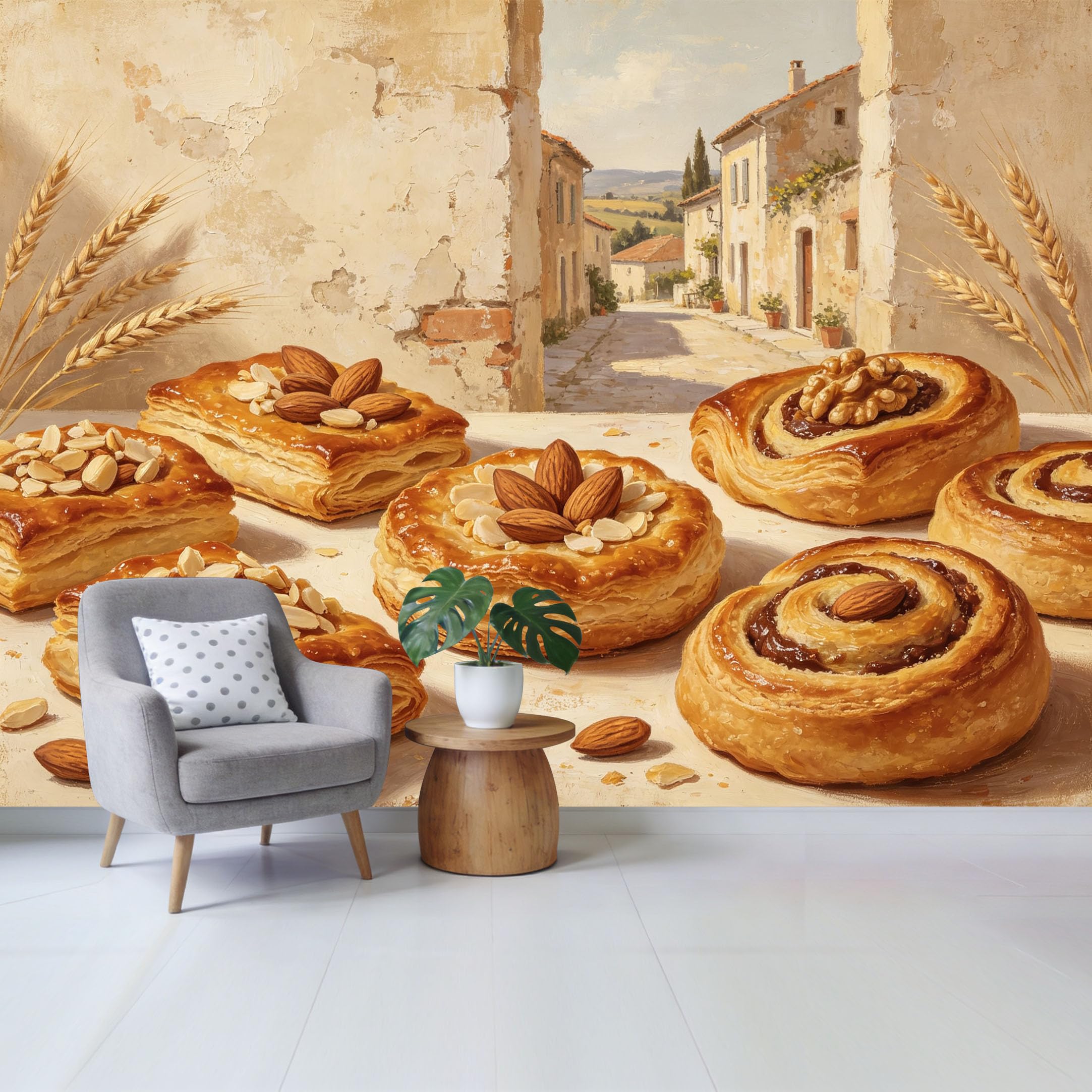 Qzlithotic Yq2605250946 Custom Size Wall Mural Almond Nut Pastry Mediterranean Village Landscape Oil Painting Selfadhesive Wall Fabric Removable Wallpaper For Home Office Decor