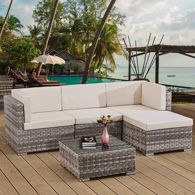 ASOWNSUN Rattan Garden Furniture Sets 4 Seater Patio Sofas with Coffee Table, Cushions, All-weather Outdoor Corner Sofa Patio Conversation Sets,Outdoor Furniture Sets Table Sofa Chair