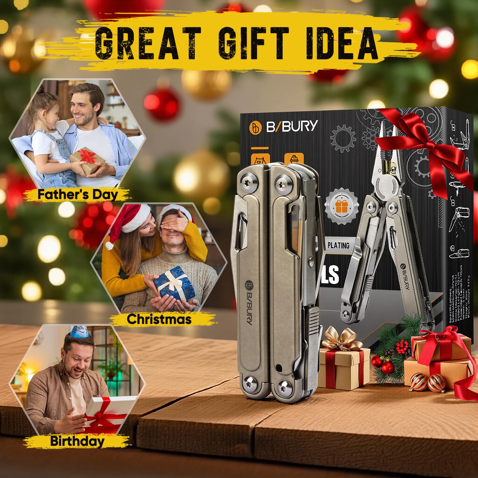 BIBURY Multiherramienta 24 en 1 con Alicates de Titanio – Regalo para Hombres, Día del Padre, Navidad y Cumpleaños – Herramienta EDC Ligera para Camping y Bricolaje