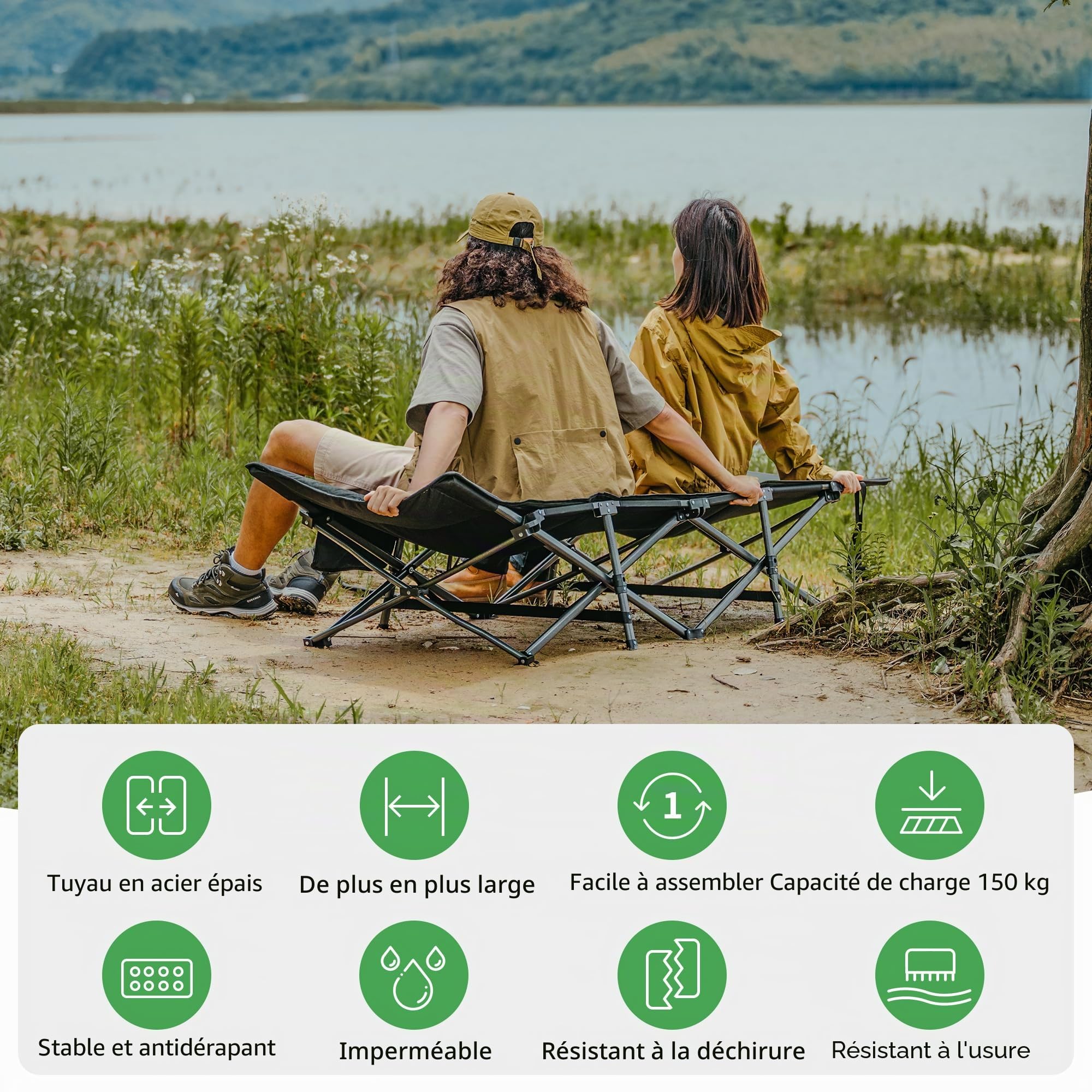 Naturehike Lit de Camp Pliant, avec Oreiller Lit de Camping 190x70x48 Cm, Contient Une Couche MatelasséE de 3 Cm D'éPaisseur, Lit de Voyage Capacité de Charge Jusqu'à 150 Kg, Chaise Longue Portable