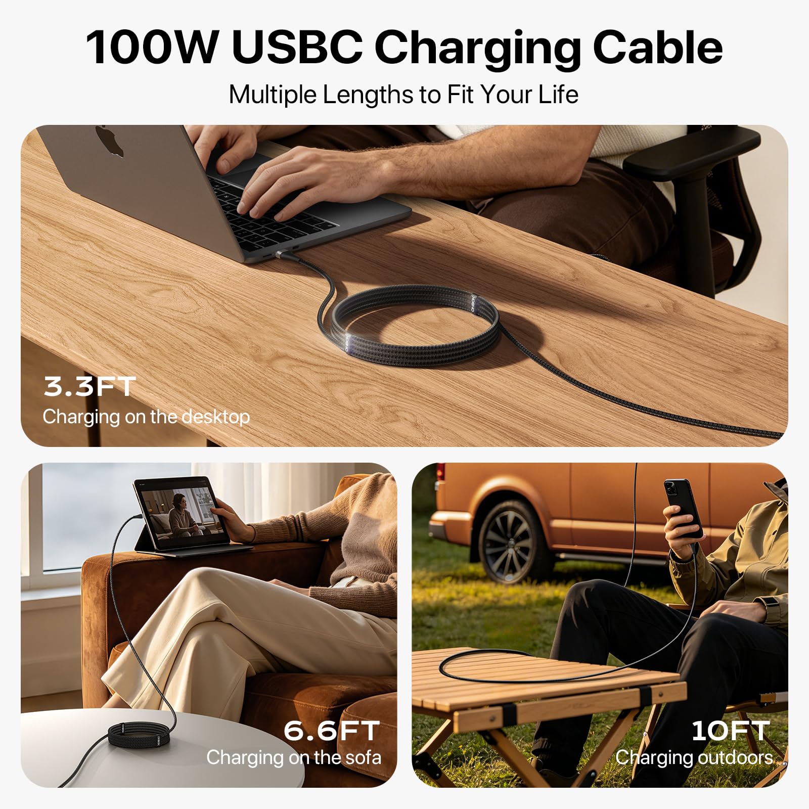ohbox Cavo da USB C a USB C, 0,9 m, confezione da 3 pezzi, 100 W, ricarica rapida da USB C a C, cavo USB di tipo C in nylon intrecciato di alta qualità per iPhone 17/16/15/iPad, MacBook CarPlay e