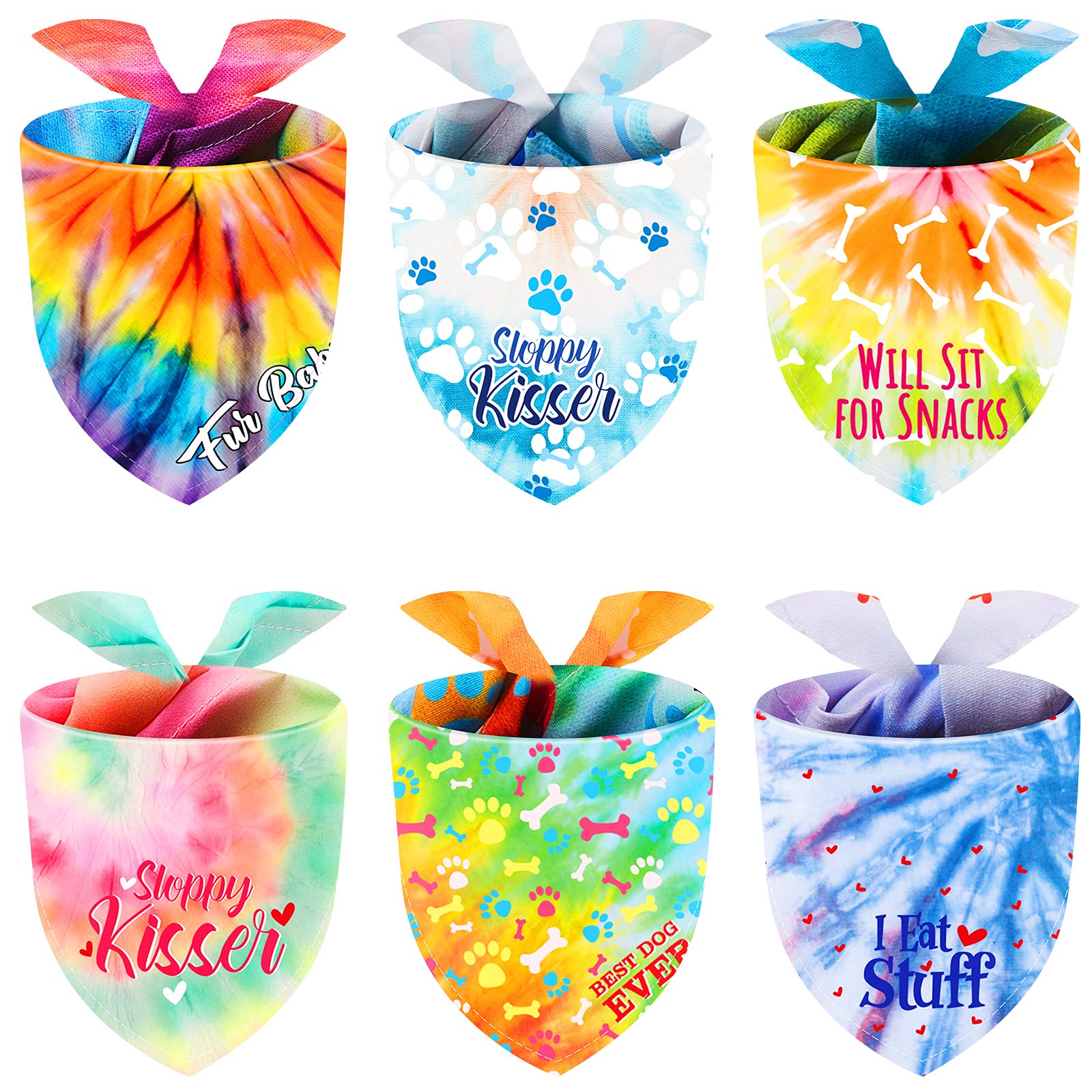 Weewooday 6 Pcs Tie Dye Dog Bandana Rainbow Pet Triangle Scarf Colorful Adjustable Reversible Pet Triangle Bibs Washable Dog Kerchief Puppy Neckerchief for Cat Daily Wear Birthday Party Costume