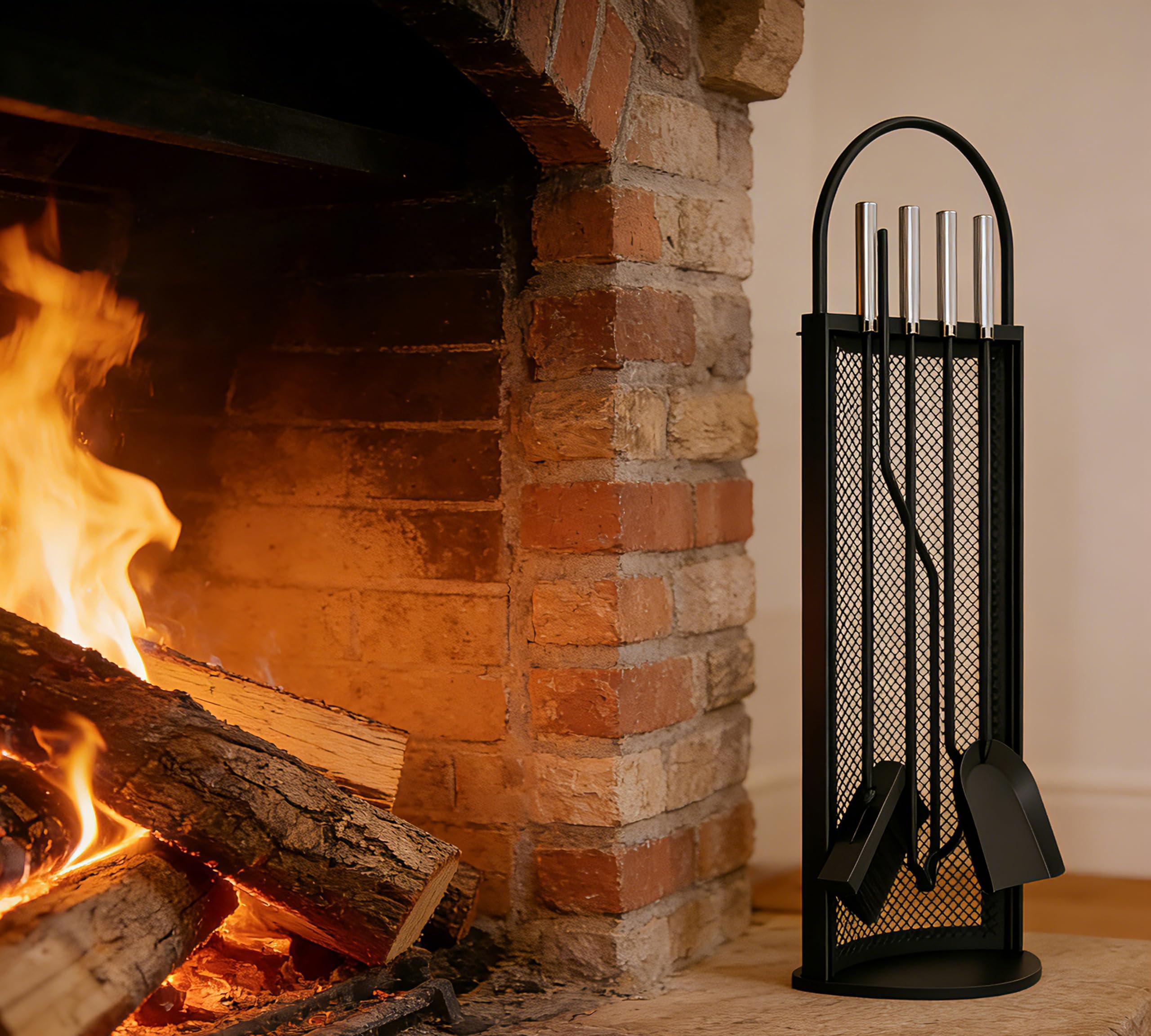 Kingson Set da Camino in 5 Pezzi con Manici in Acciaio INOX 22x16x67cm, Elegante e Resistente Kit di Accessori per Camino Nero