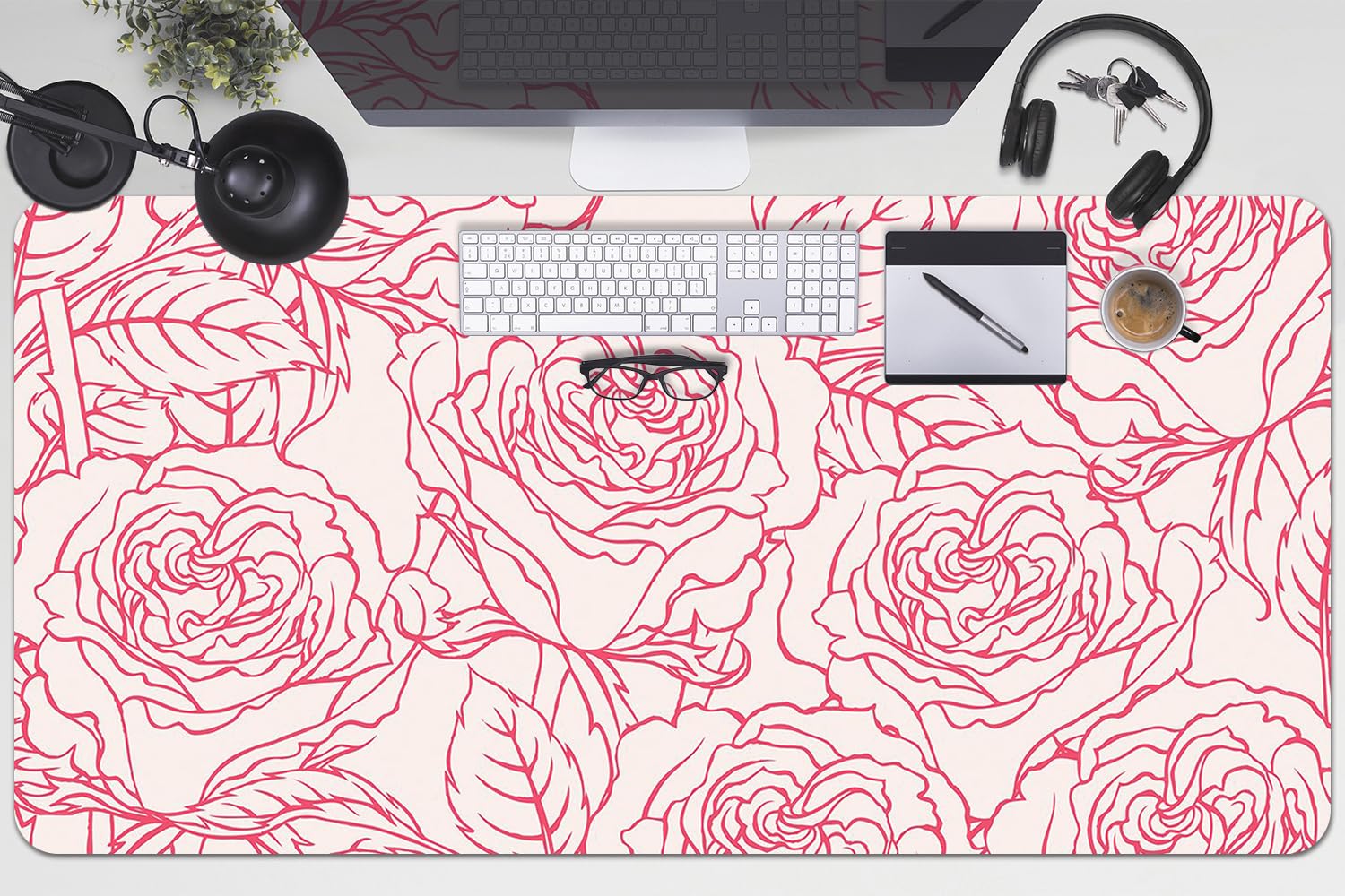 Sottomano da Scrivania 100x50 cm Antiscivolo per Ufficio e Casa Facile da Pulire Impermeabile Superficie Protettiva Protezione e Decorazione in Vinile PVC - Scarabocchio di rose