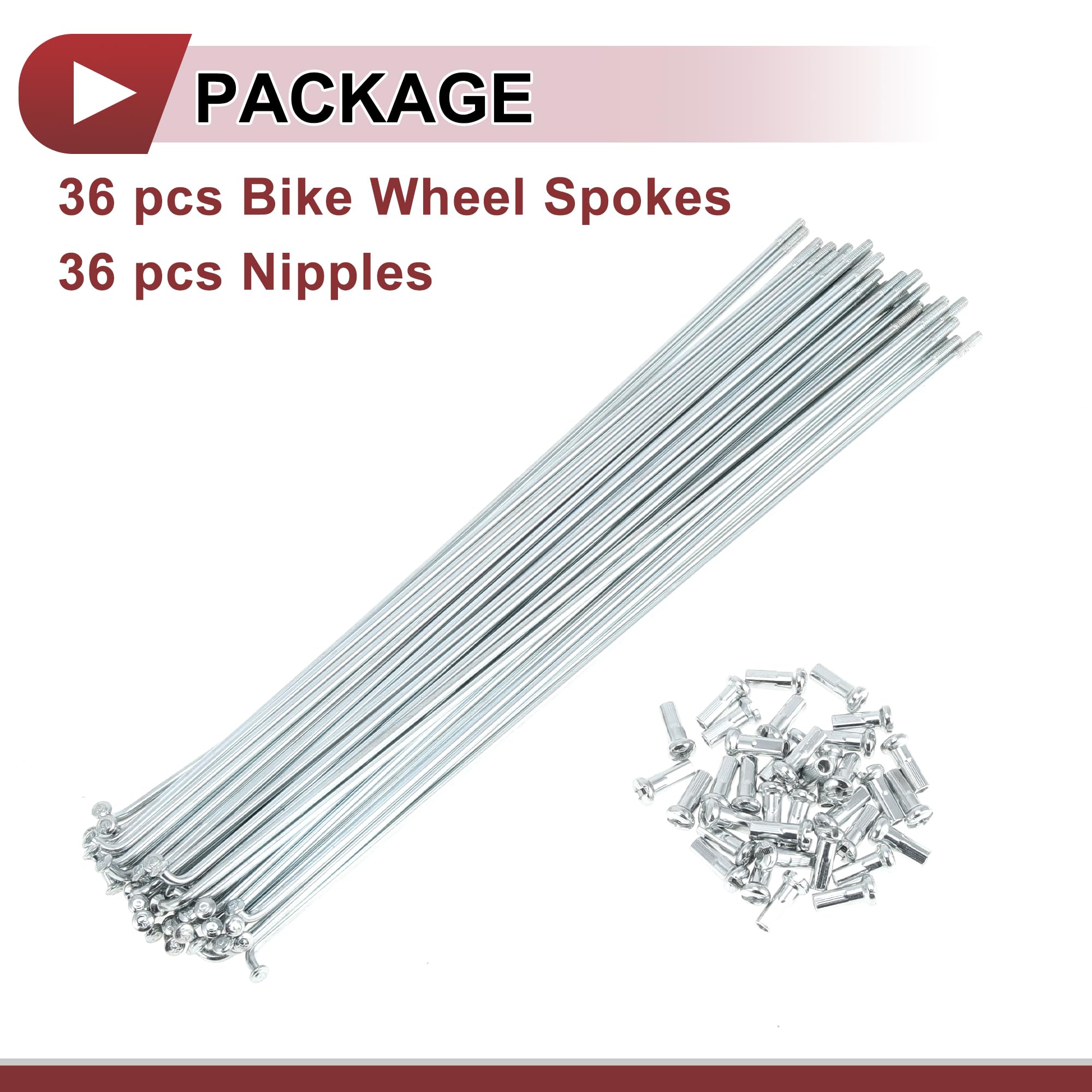ABSOPRO 36-Pack 13G Bicycle Spokes - 291mm Galvanized Carbon Steel Spokes & Nipples For Wheel Rebuilding