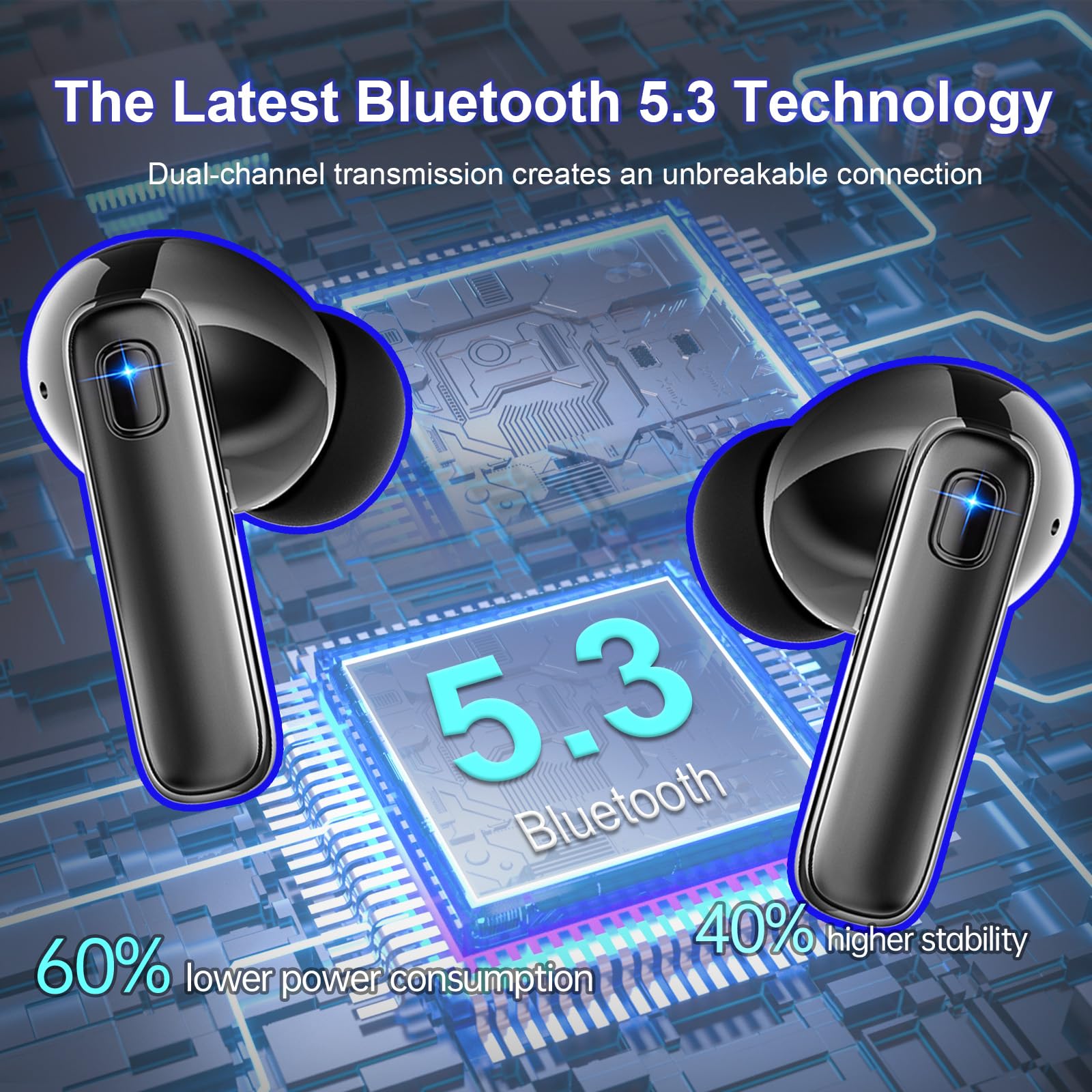 Ecouteurs Bluetooth sans Fil,Écouteurs sans Fil Intra-Auriculaires HiFi Stéréo avec Réduction de Bruit ENC,40H d'Autonomie,IP7 Étanche,Écran LED,Appairage en un Pas, Pour Sport/Téléphone/Travail