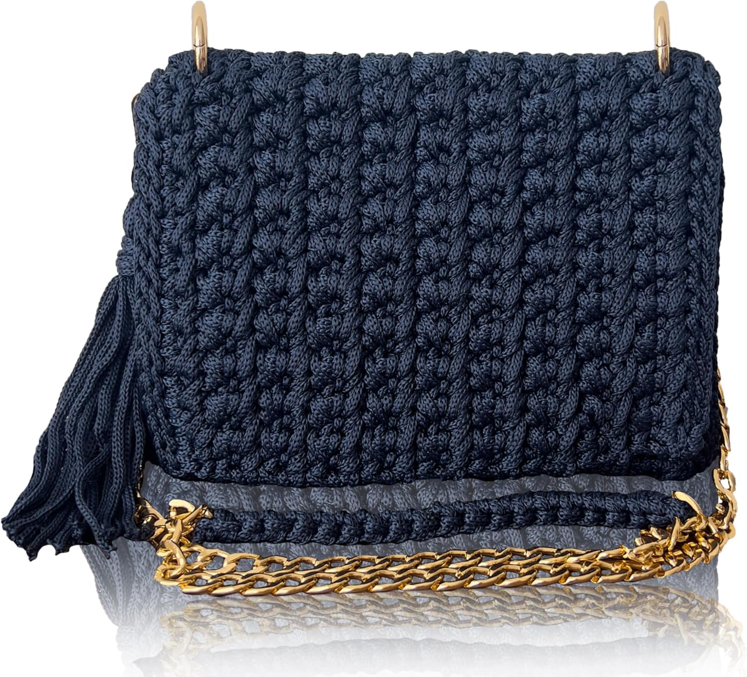 Handmade Crochet Shoulder Bag for Women – Macrame Knitted Purse with Gold Chain & Tassel, Boho Chic Evening Crossbody Clutch