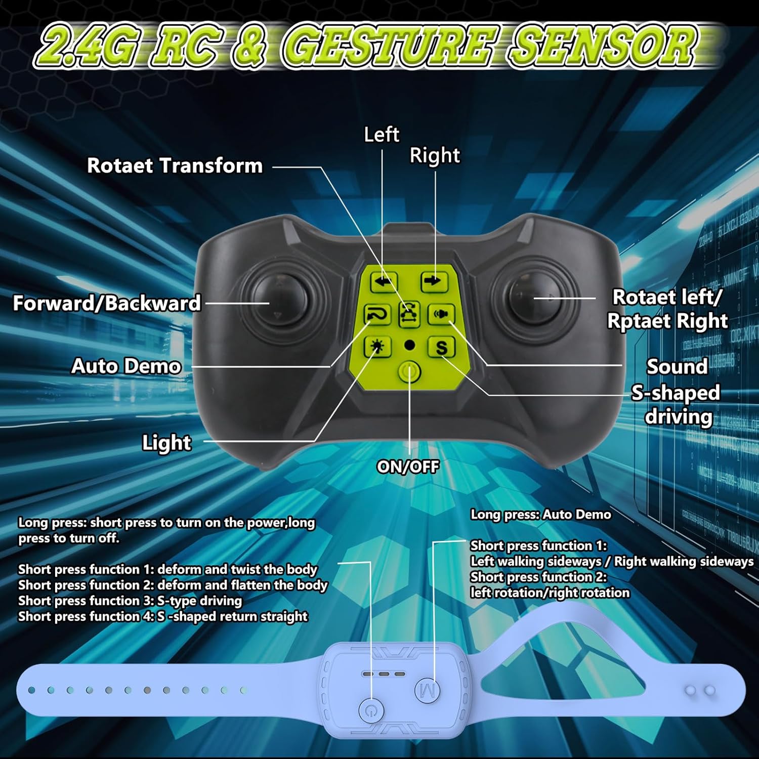 Gesture Sensing RC Stunt Car, 4WD Hand Controlled Remote Control Car Toys for 6-12 yr Boys Girls - St. Patrick's Day Gifts for Kids 6-8 8-13, 360° Rotating Transform Off Road w/Lights Music, Green