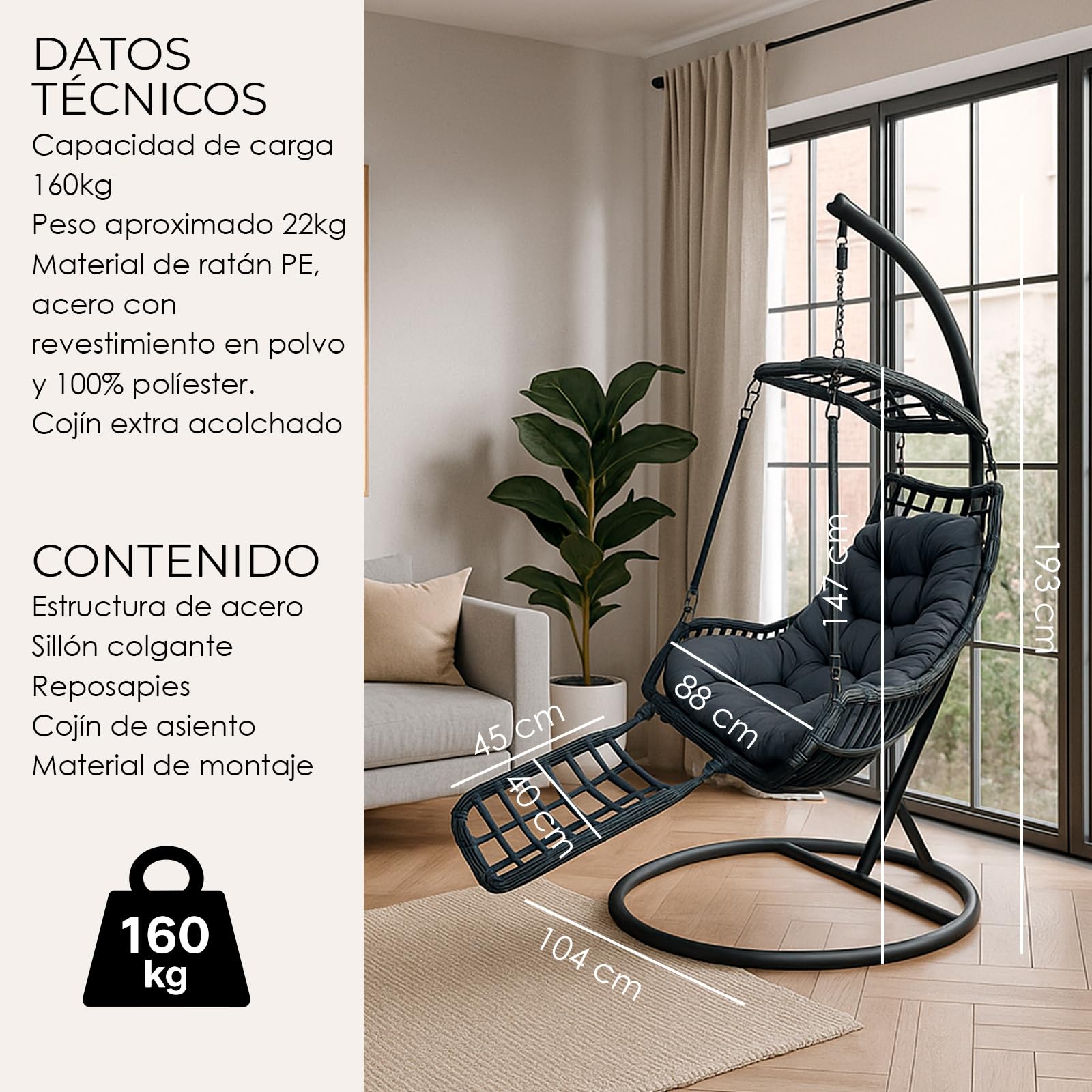 YOEVU - Silla Colgante con Soporte | Reposapiés Integrado | Estructura de Acero Reforzada | Cojín Acolchado Ergonómico | Diseño Boho para Interior y Exterior, Grande, Acero Aleado (Gris)