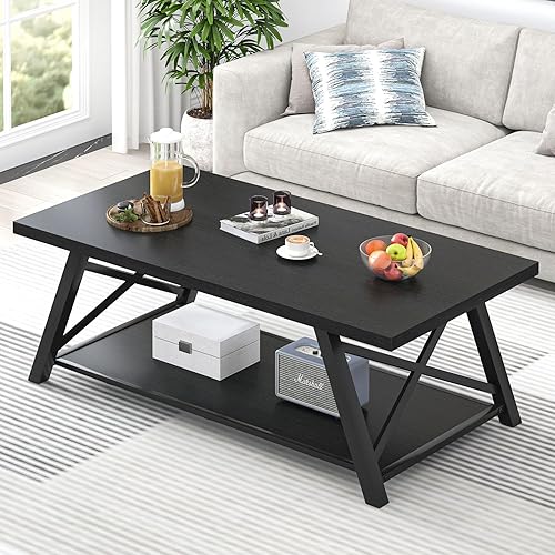 Miniatura 13 de EXCEFUR Mesa de centro moderna, mesa central de sala de estar industrial con estante de almacenamiento, mesa rectangular de madera y metal, mesa de