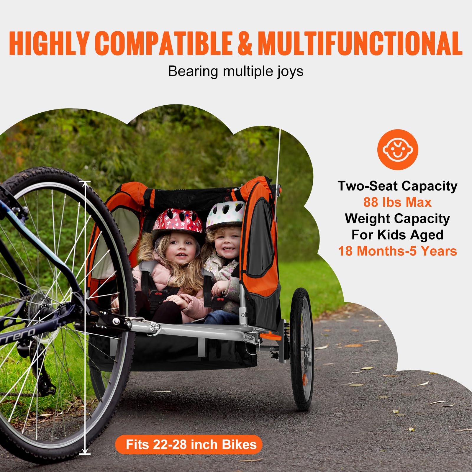 VEVOR Remorque de vélo pour Enfants, siège Double, Charge 40 kg, Porte-auvent 2en1 transformant en Poussette, remorque de vélo Pliable pour Tout-Petits avec attelage de vélo Universel, Orange Gris