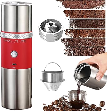 Portable Burr Coffee Grinder, Electric Adjustable Burr Mill Machine Suitable for Travel,Camping with Bag Red