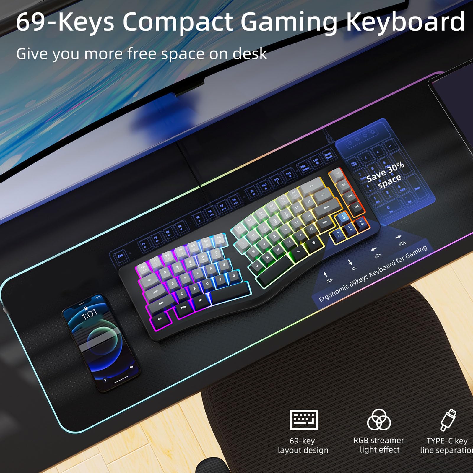 Jectse Tastiera Ergonomica Retroilluminata con Poggiapolsi, Tastiera per Computer Cablata USB a 69 Tasti 7 Colori, Comoda Illuminata per PC, per Wins, per OS X