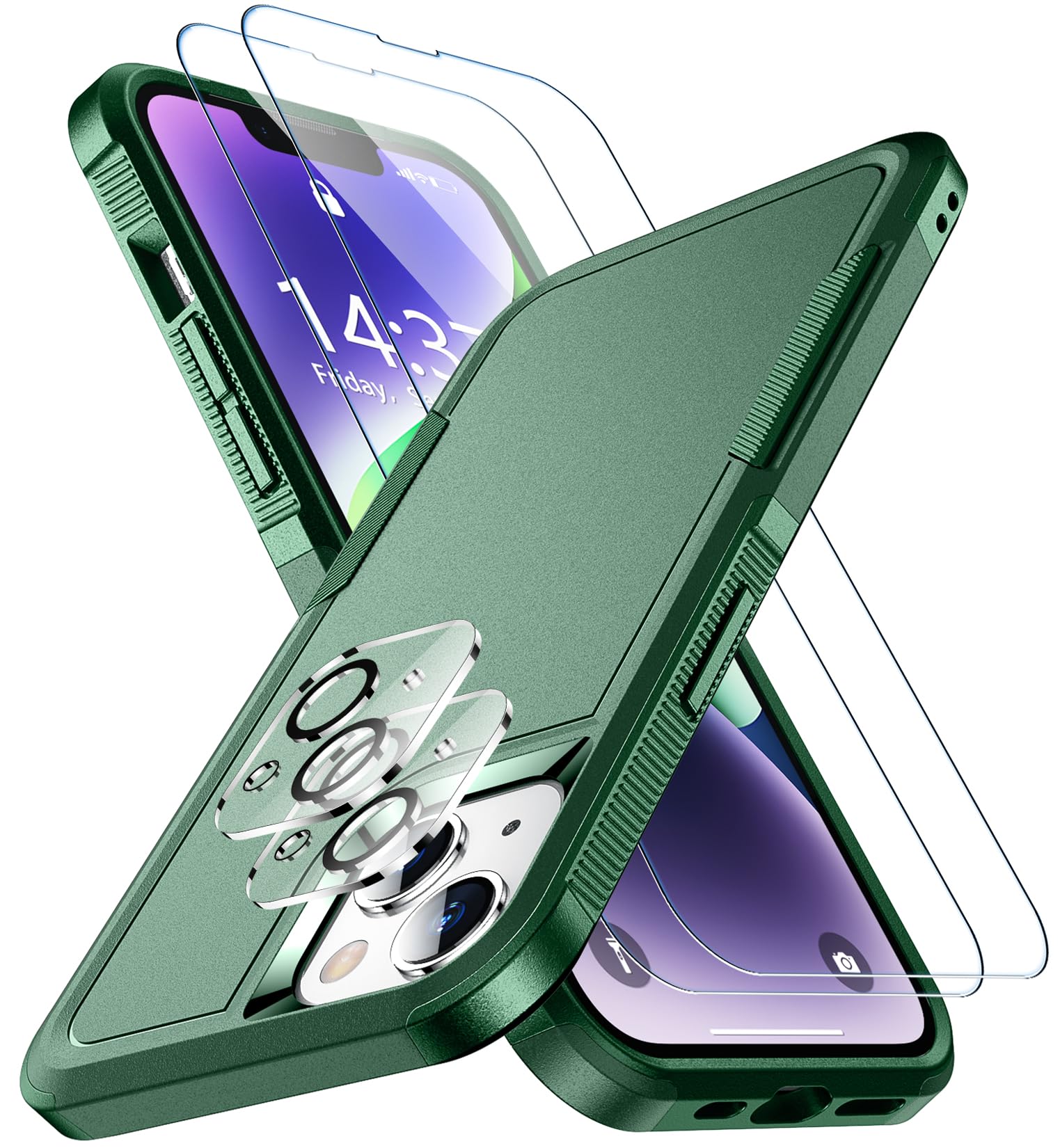 SPIDERCASE for iPhone 14 Case/iPhone 15 Case, [15 FT Military Grade Drop Protection][Non-Slip] 2 Pack [Tempered Glass Screen Protectors+Camera Lens