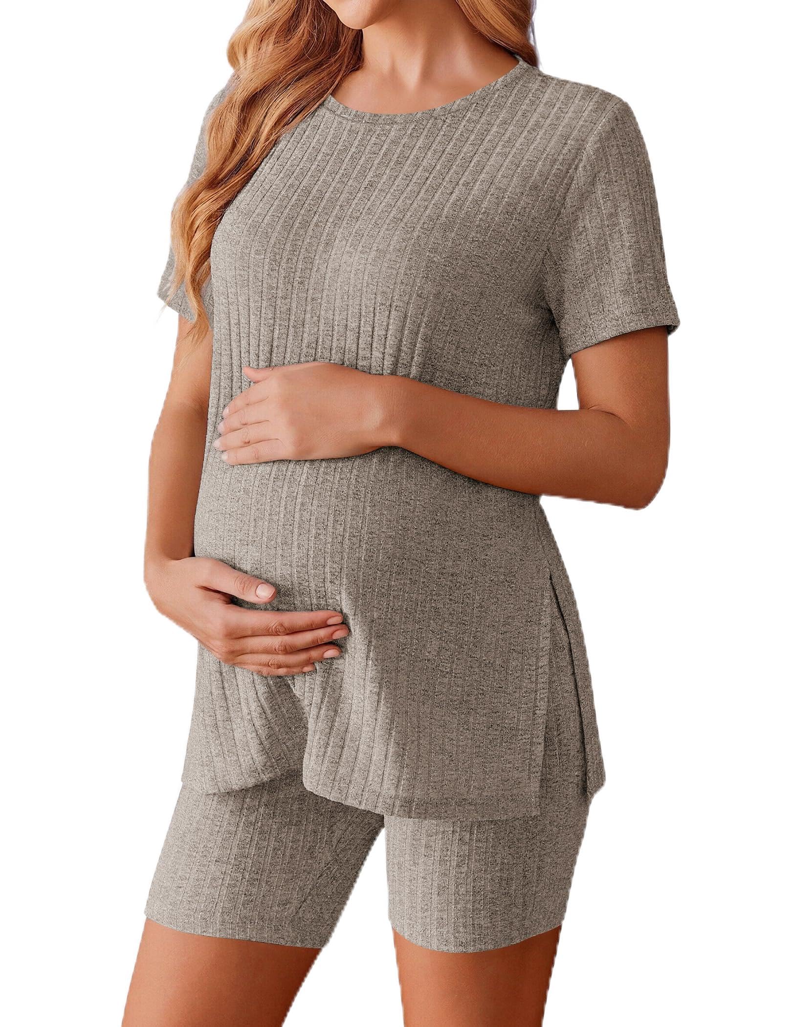 Ekouaer Women's Maternity 2 Piece Sets Short Sleeve Shirts and Biker Shorts