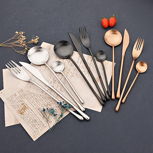 Miniatura 7 de JASHII Juego de cubiertos 304 de plata mate, juego de cubiertos de acero inoxidable 188 con acabado satinado, con mango redondo, 24 piezas de boda,