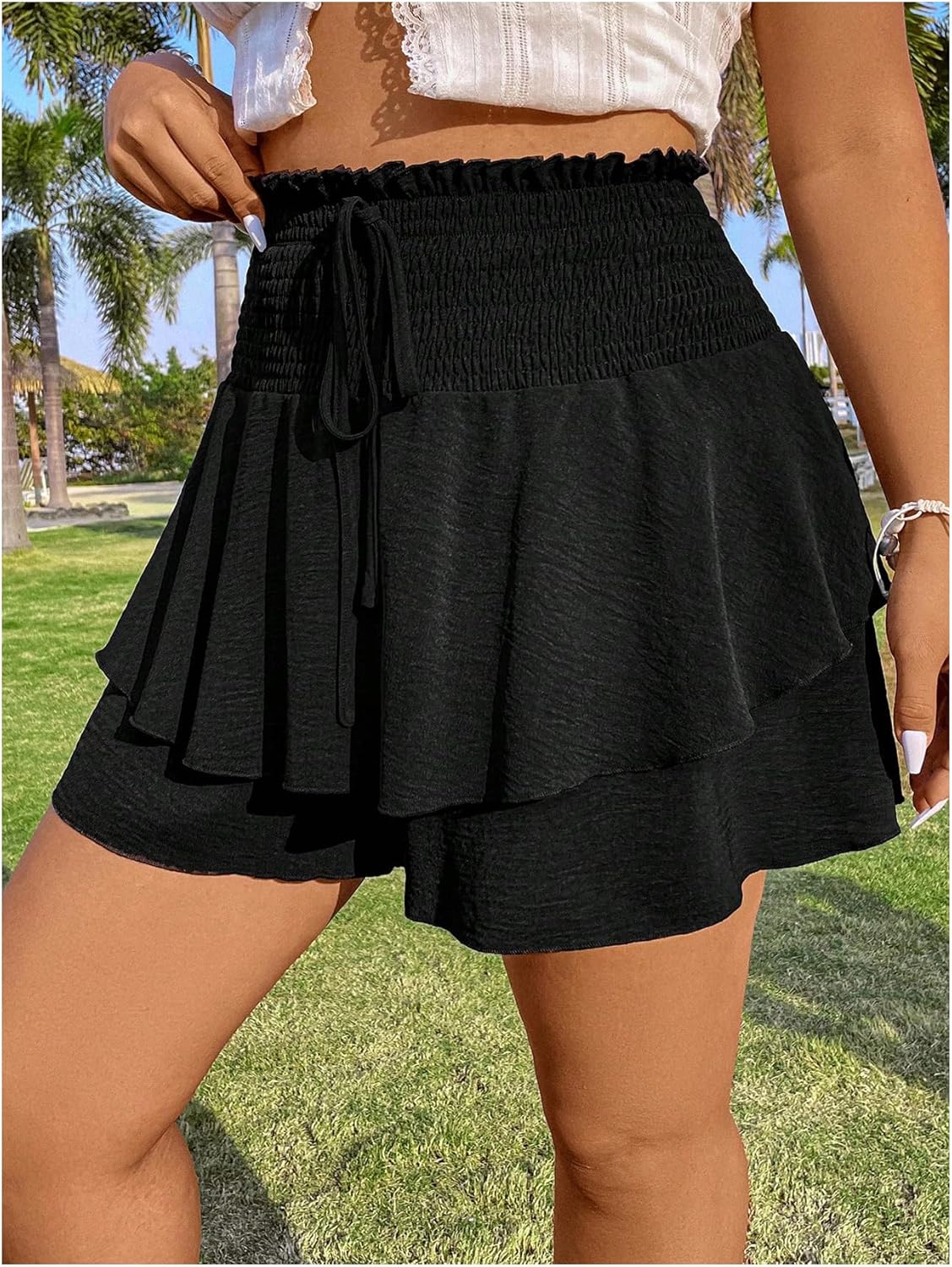 OYOANGLE Women's Plus Size Smocked Tiered Ruffle Flowy Shorts Drawstring Elastic Waist Wide Leg Shorts - Image 3