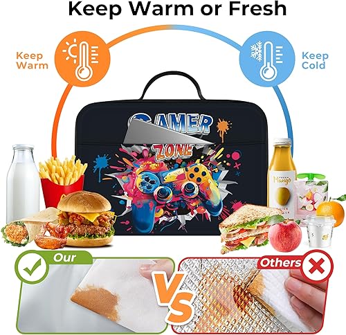 Miniatura 3 de Clastyle Bolsa de almuerzo con aislamiento 3D para niños, bolsa térmica grande para niños, picnic, escuela, lonchera tote, controlador de jugador