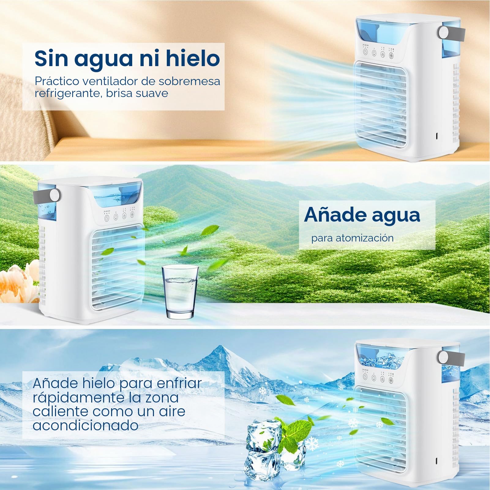 Ventilador de Aire Acondicionado Portátil 4 en 1, Mini Ventilador Enfriador de Aire Evaporativo de 700 Ml con Pantalla Táctil, Humidificación de 3 Velocidades y 7 Luces LED,