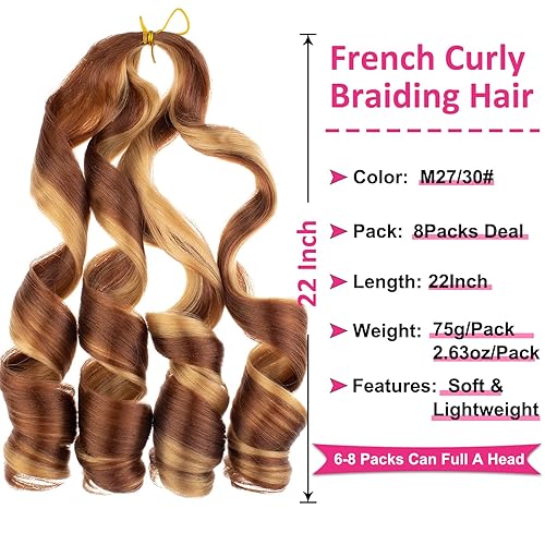 Miniatura 2 de Unionbeauty - Cabello trenzado francés rizado de 22 pulgadas 8 paquetes de extensiones de cabello sintético trenzado ondulado con rebote preestirado